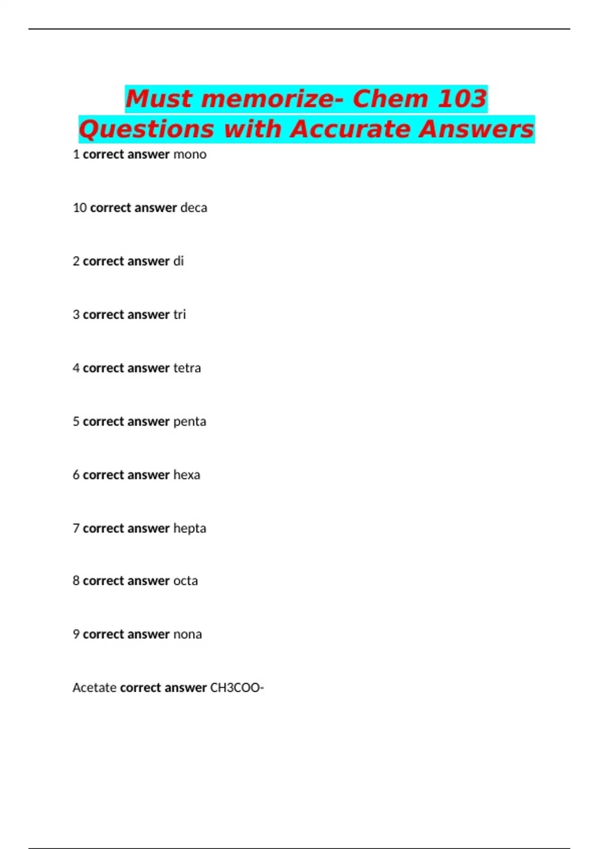 Must memorize- Chem 103 Questions with Accurate Answers - Chemistry ...