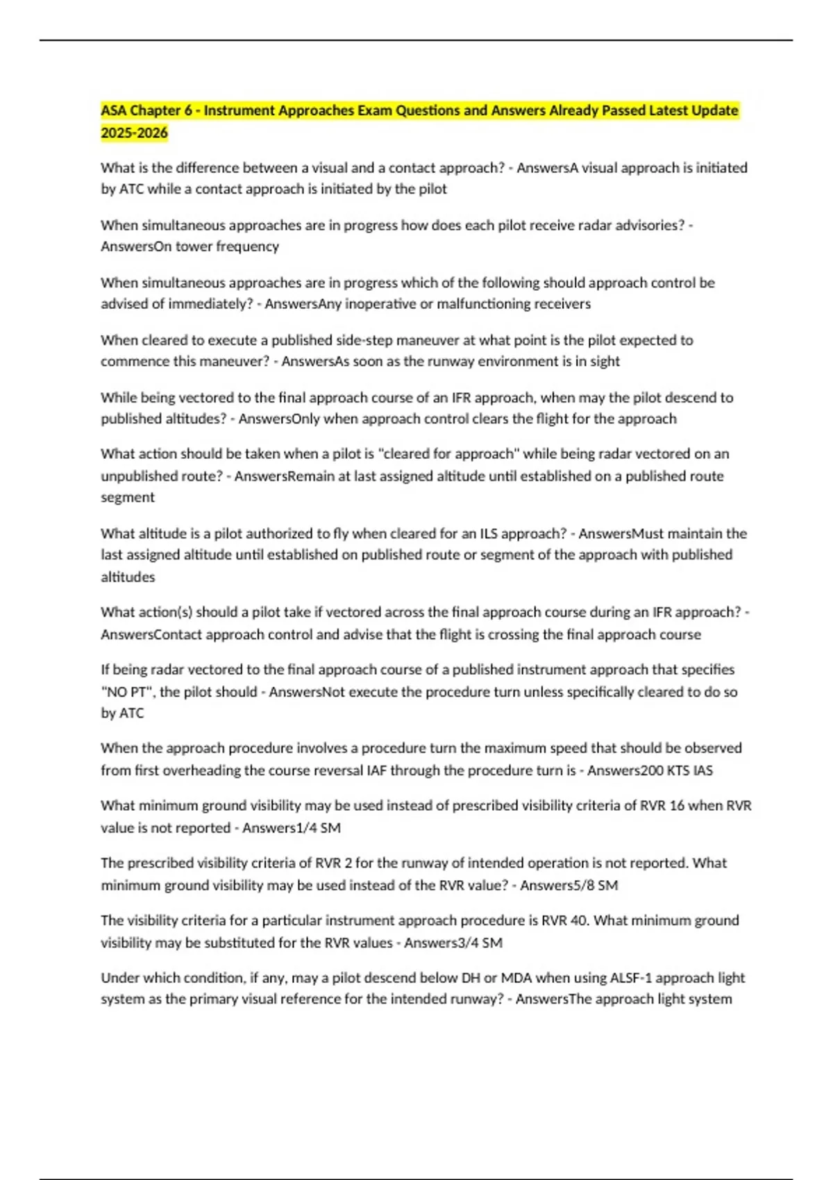 ASA Chapter 6 - Instrument Approaches Exam Questions and Answers ...