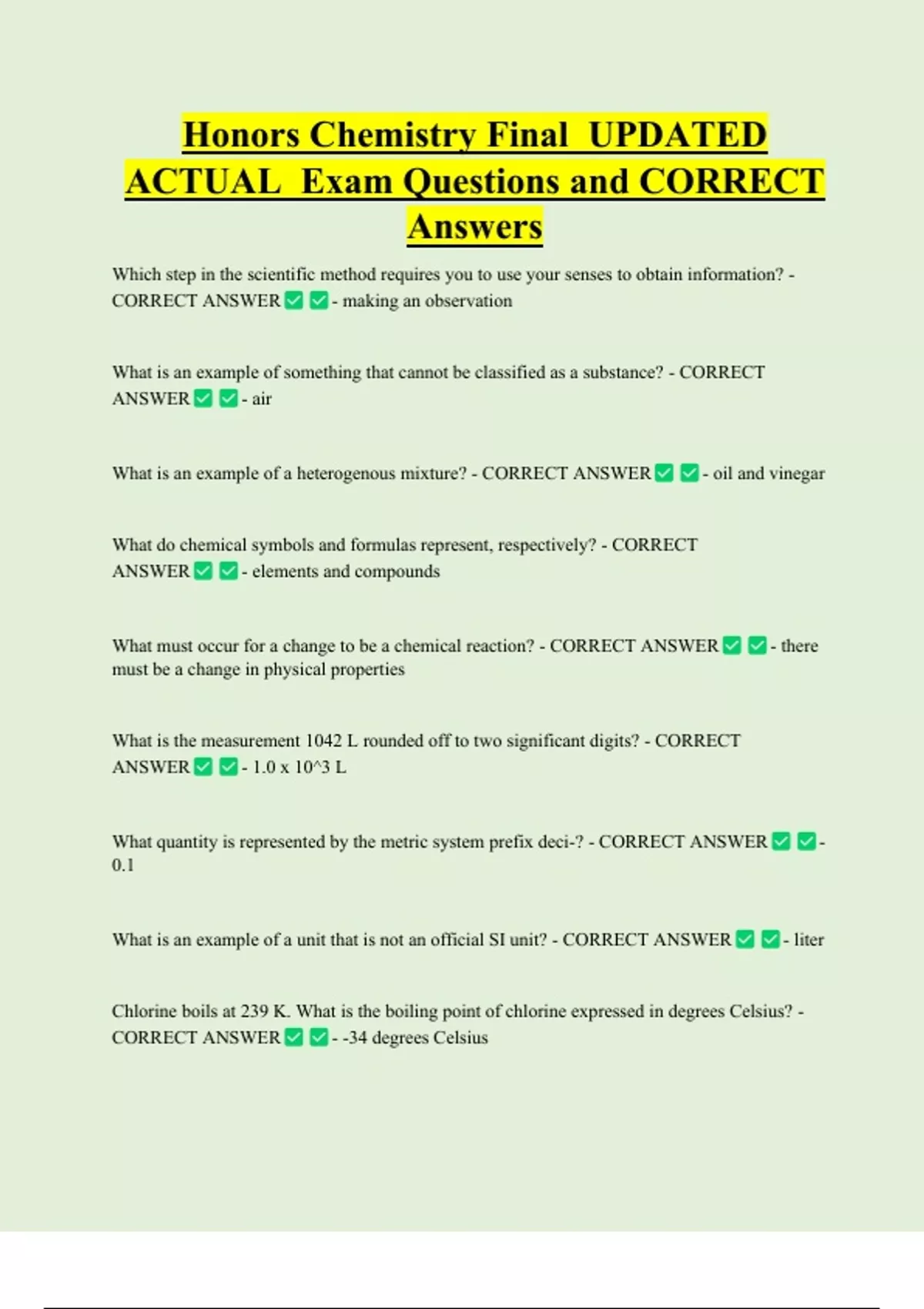 Honors Chemistry Final UPDATED ACTUAL Exam Questions and CORRECT ...