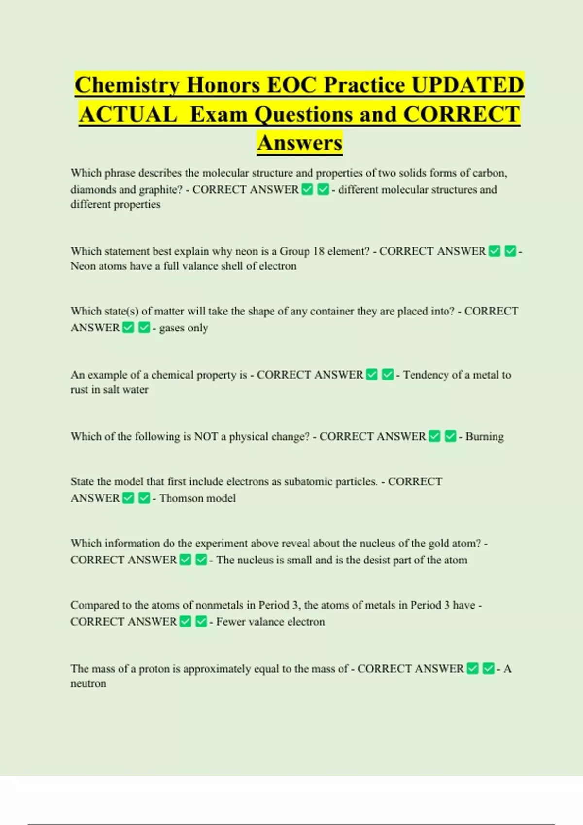 Chemistry Honors EOC Practice UPDATED ACTUAL Exam Questions and CORRECT Answers - Chemistry ...
