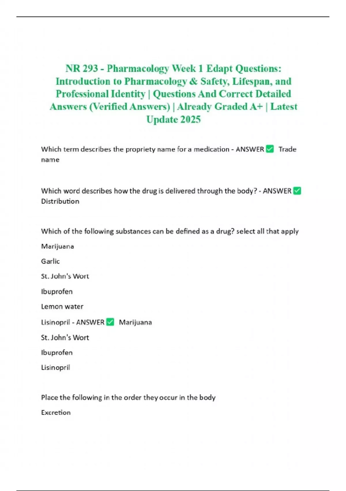 NR 293 - Pharmacology Week 1 Edapt Questions: Introduction to ...