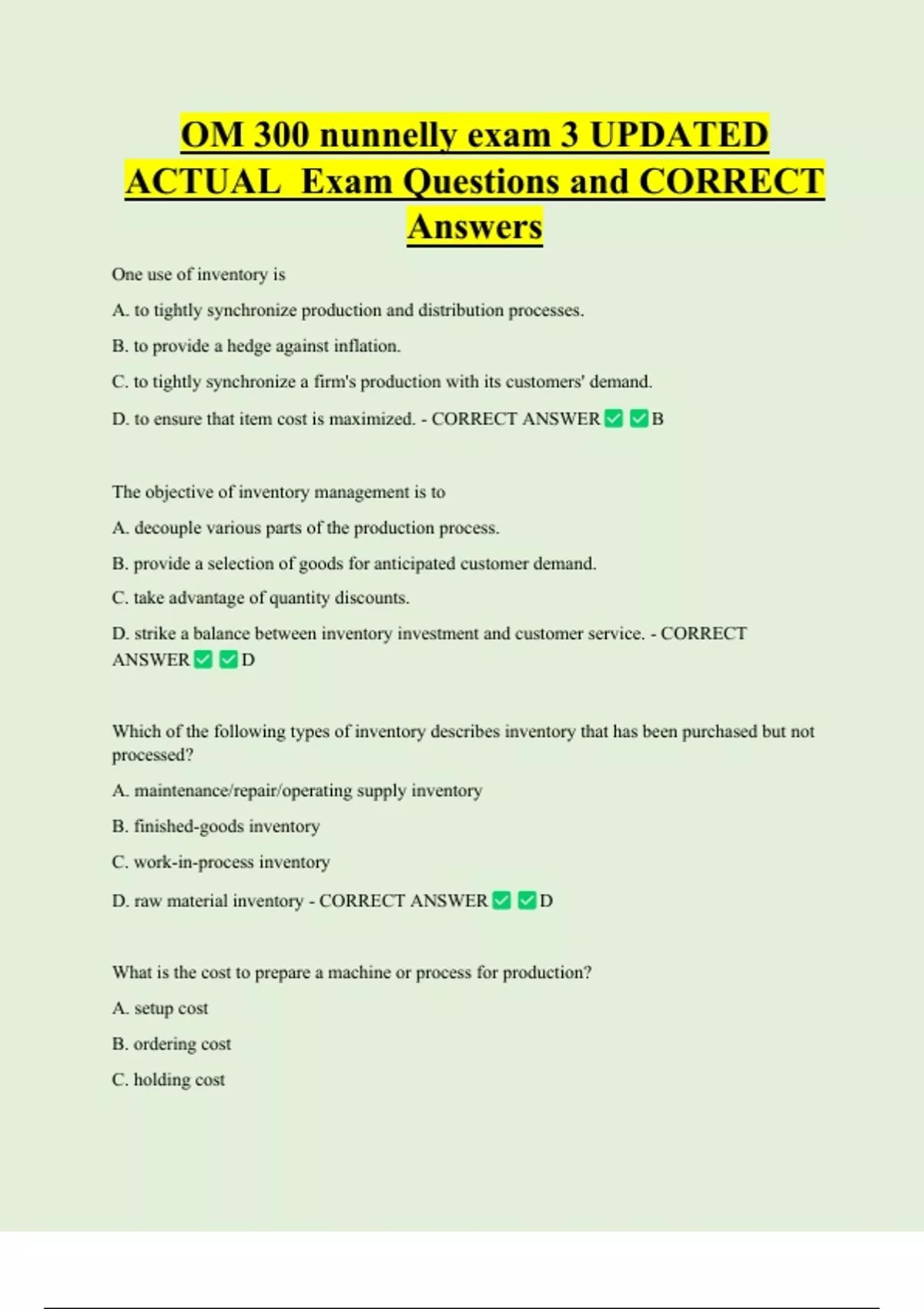OM 300 nunnelly exam 3 UPDATED ACTUAL Exam Questions and CORRECT ...