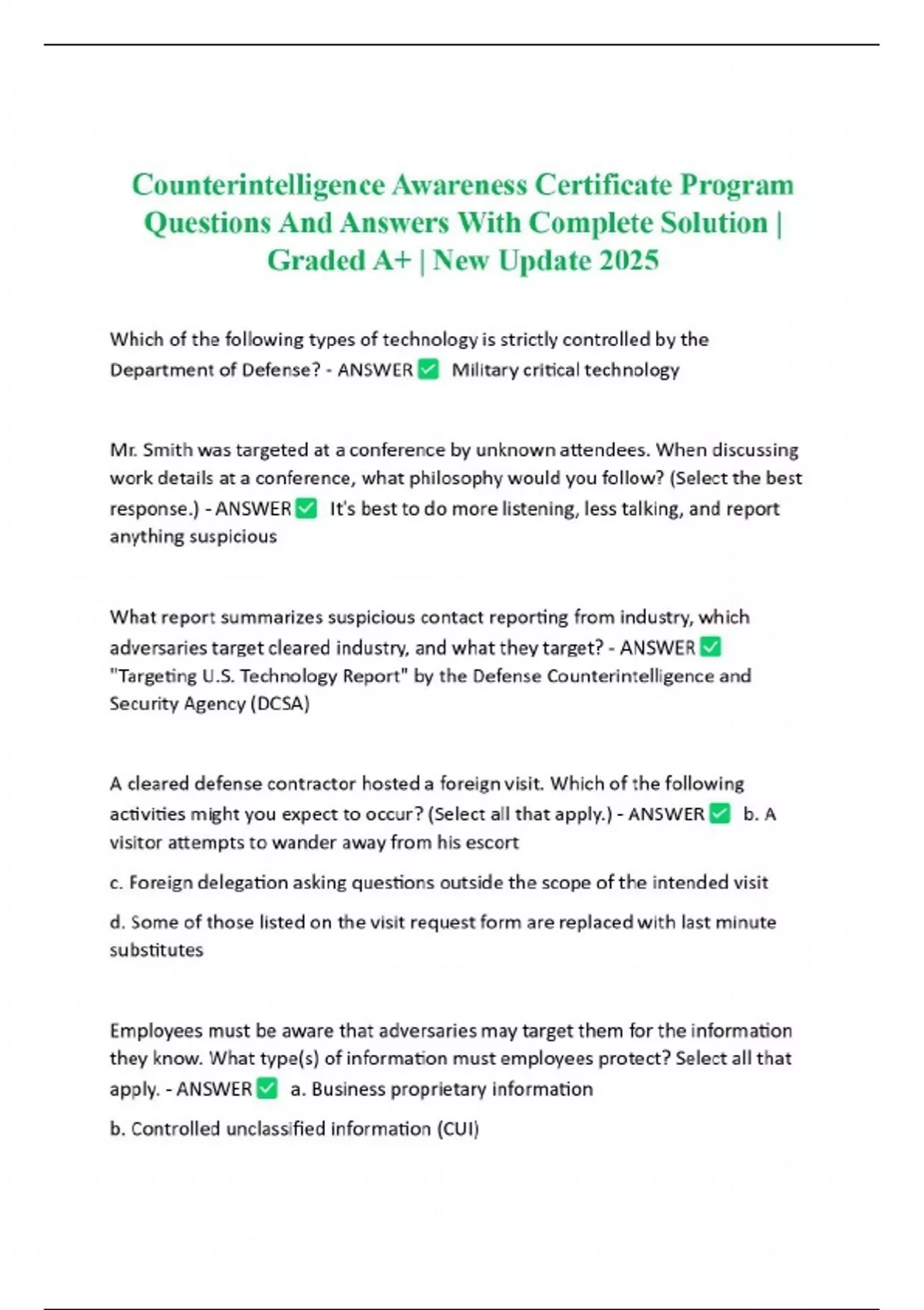 Counterintelligence Polygraph Questions Counterintelligence Awareness Certificate Program Questions And Answers ...