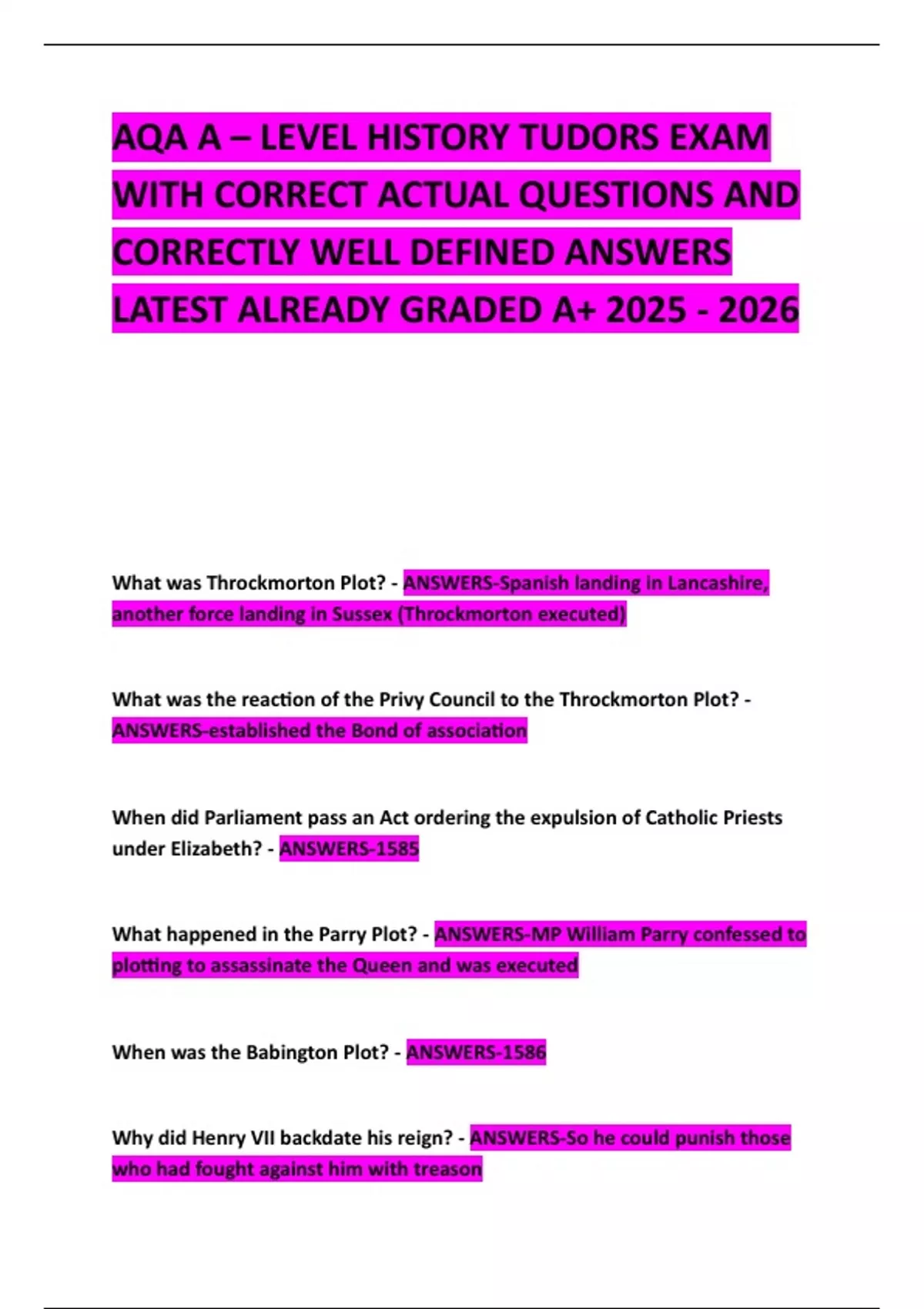 AQA A – LEVEL HISTORY TUDORS EXAM WITH CORRECT ACTUAL QUESTIONS AND ...