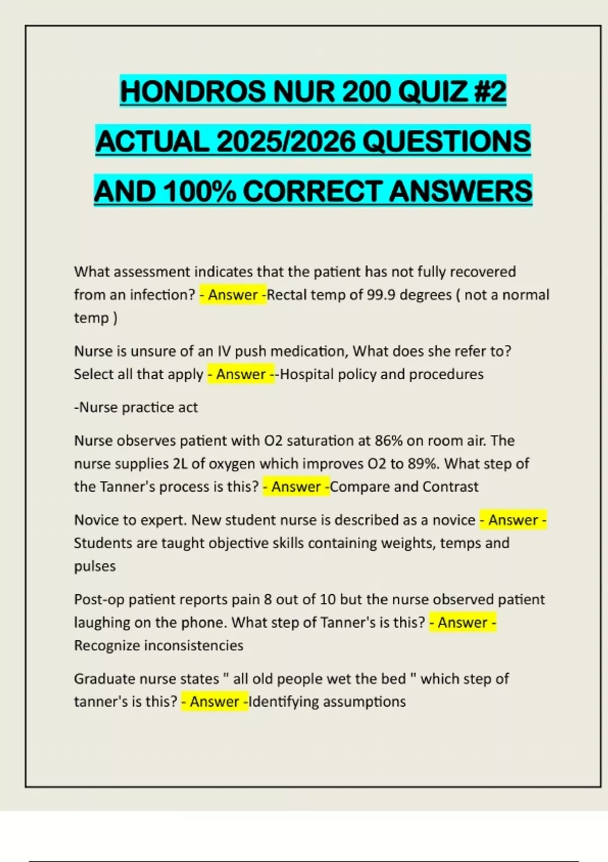 HONDROS NUR 200 QUIZ #2 ACTUAL 2025/2026 QUESTIONS AND 100% CORRECT ...