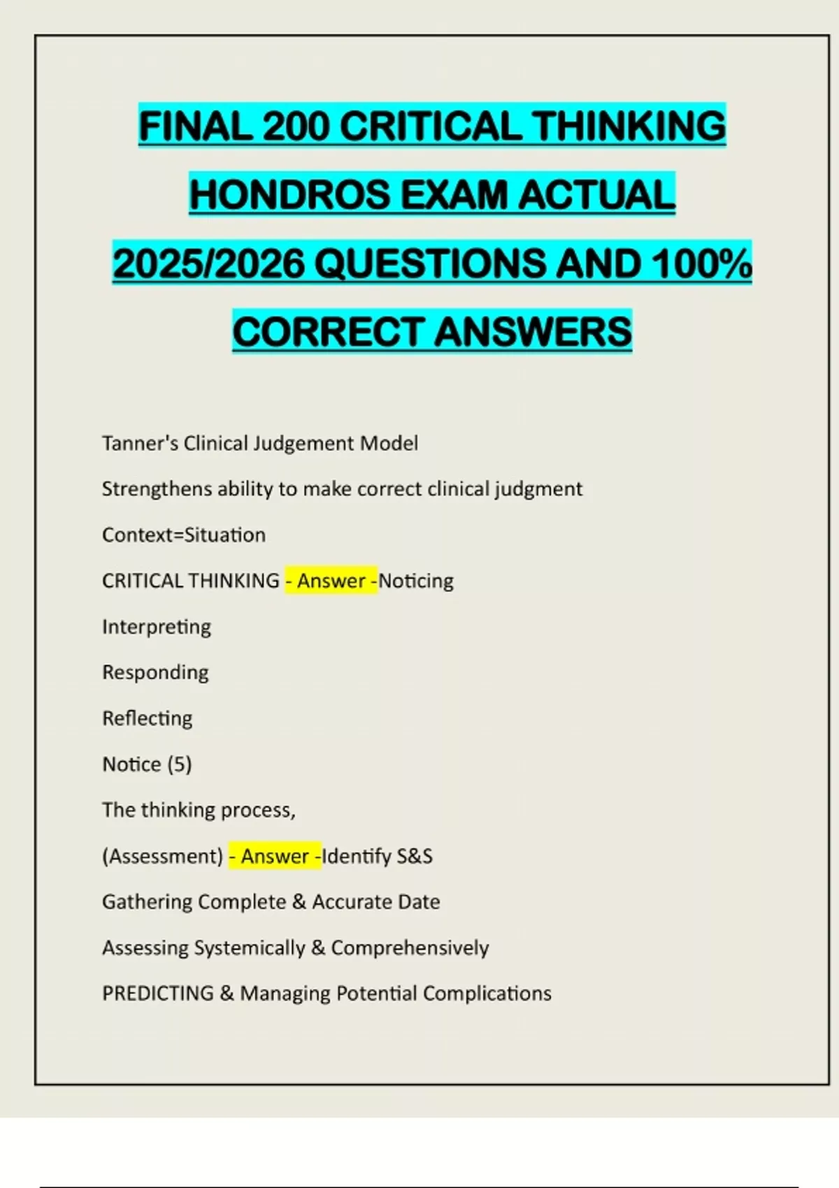 FINAL NUR 200 CRITICAL THINKING HONDROS EXAM ACTUAL 2025/2026 QUESTIONS ...