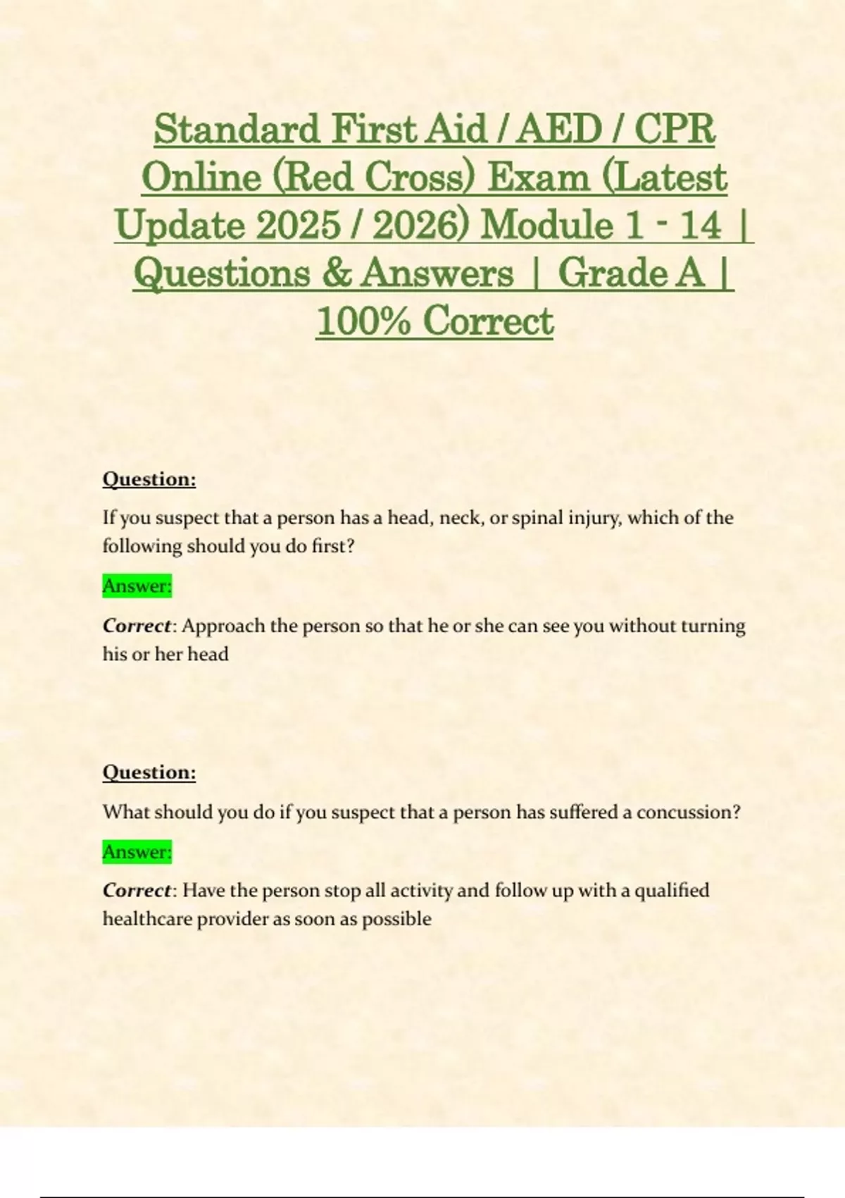 Standard First Aid / AED / CPR Online (Red Cross) Exam (Latest Update ...