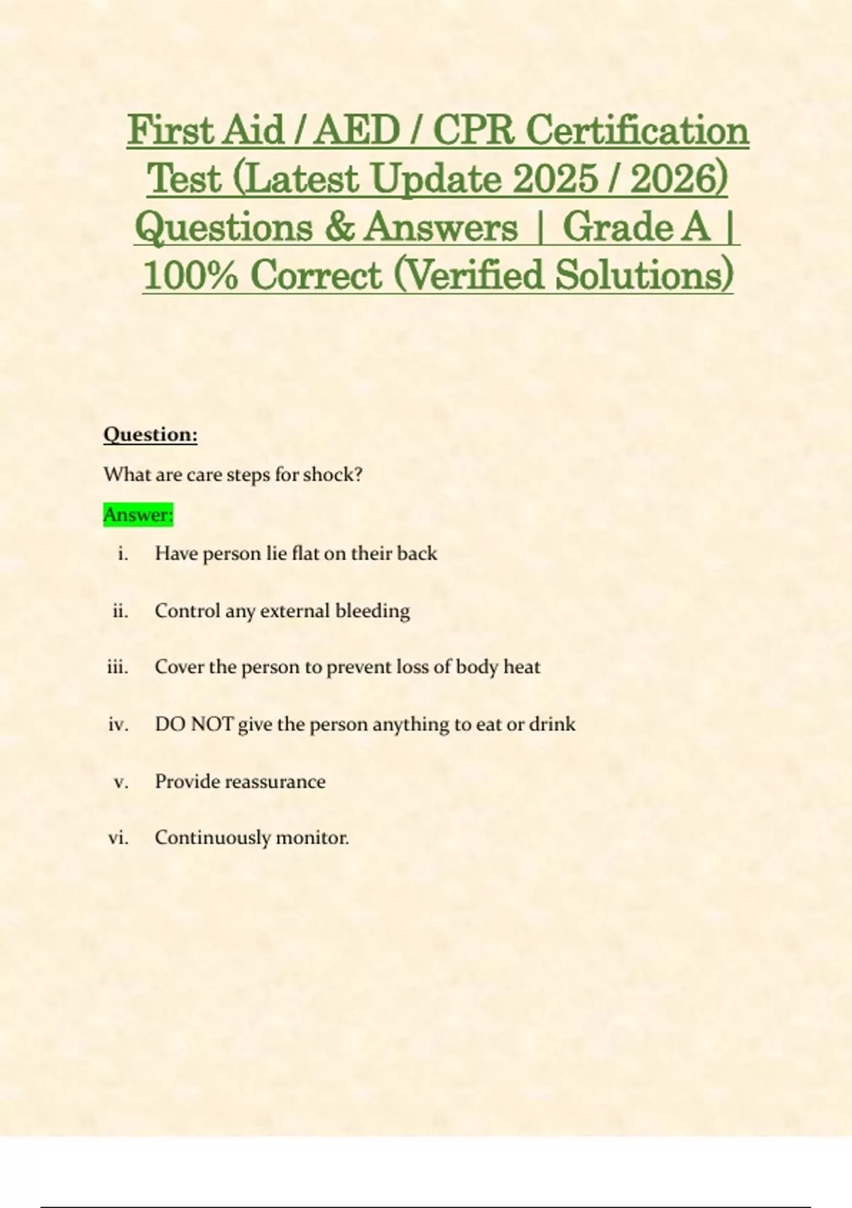 First Aid / AED / CPR Certification Test (Latest Update 2025 / 2026 ...