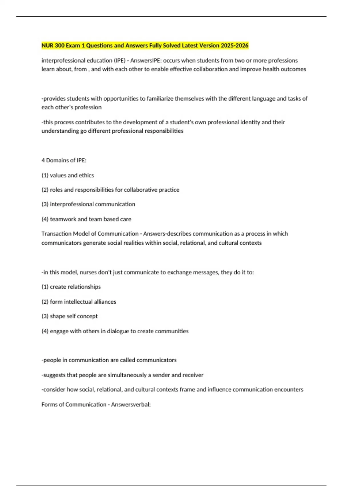 NUR 300 Exam 1 Questions and Answers Fully Solved Latest Version - NUR ...
