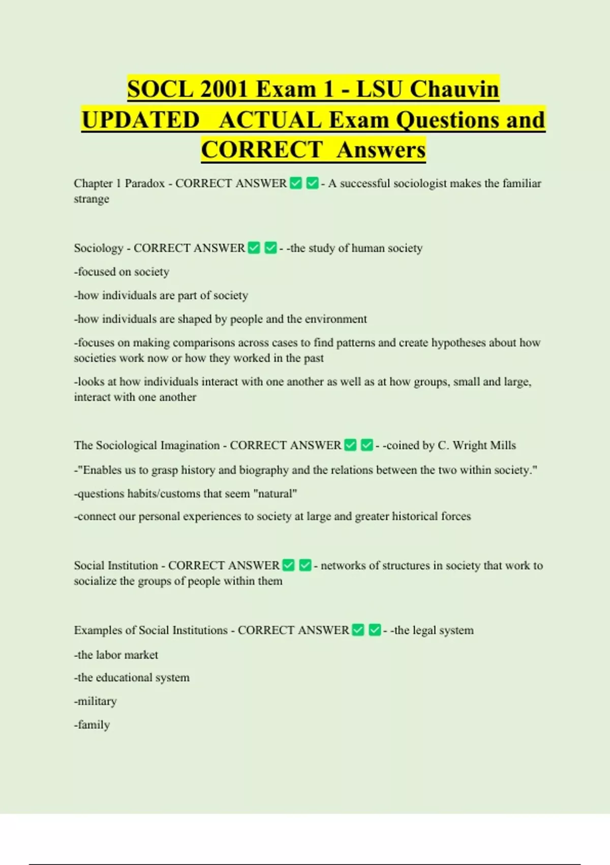 SOCL 2001 Exam 1 - LSU Chauvin UPDATED ACTUAL Exam Questions and ...