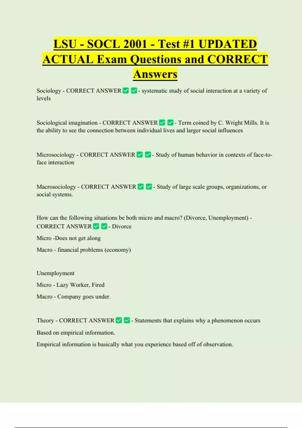 LSU - SOCL 2001 - Test #1 UPDATED ACTUAL Exam Questions and CORRECT ...
