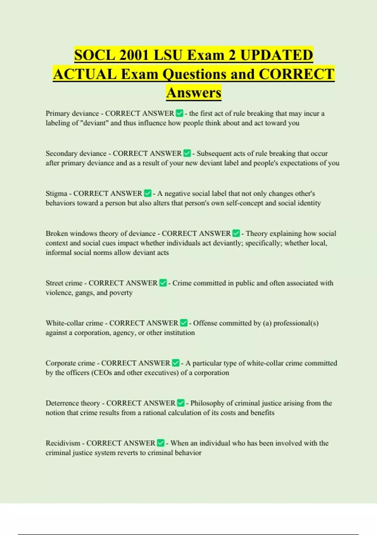 SOCL 2001 LSU Exam 2 UPDATED ACTUAL Exam Questions and CORRECT Answers ...