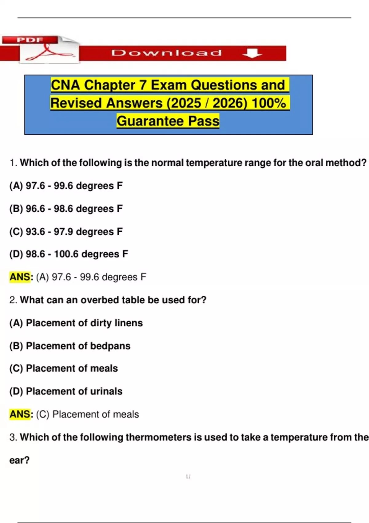 CNA Chapter 7 Exam Questions and Revised Answers (2025 / 2026) 100% ...