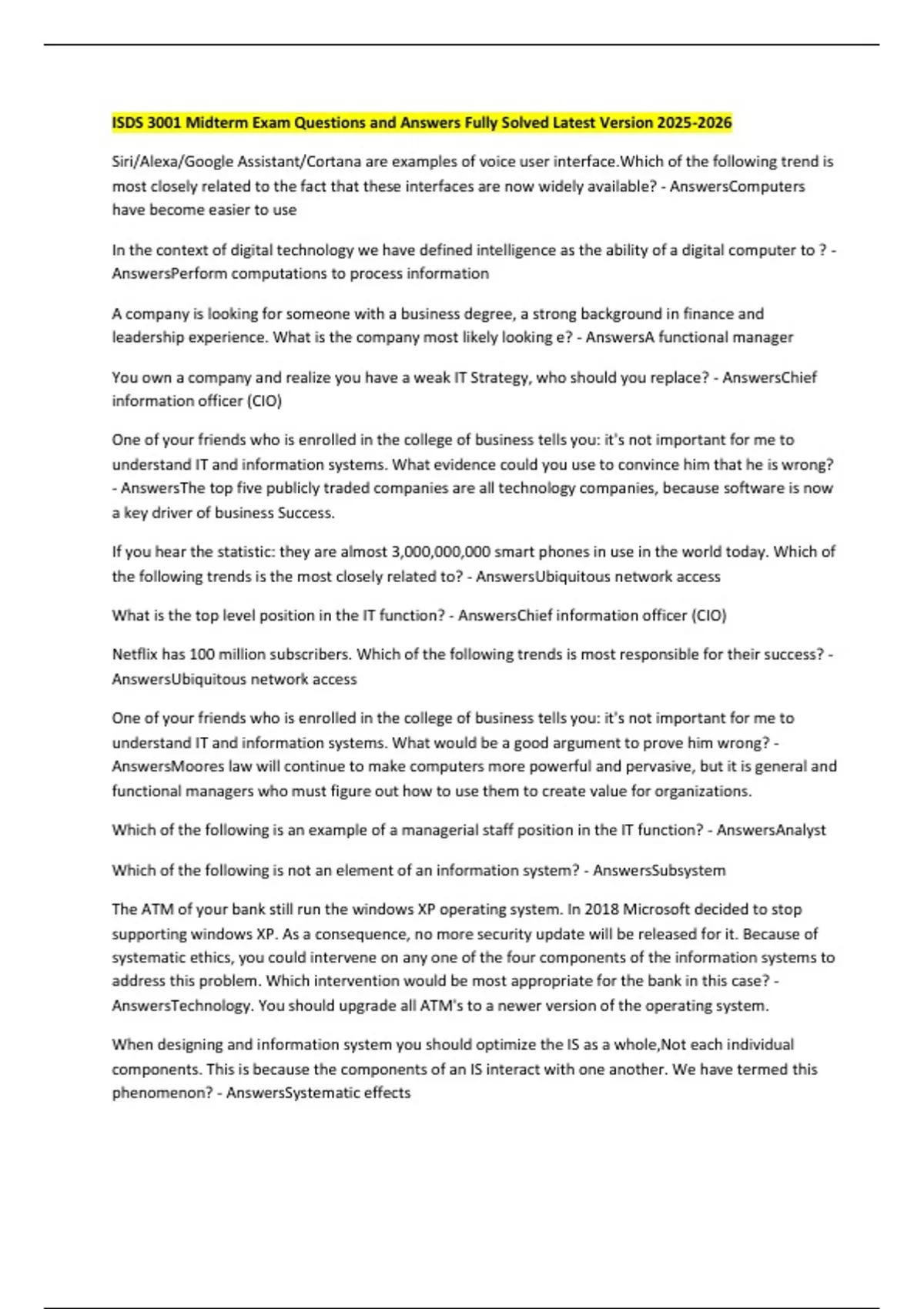 ISDS 3001 Midterm Exam Questions and Answers Fully Solved Latest ...