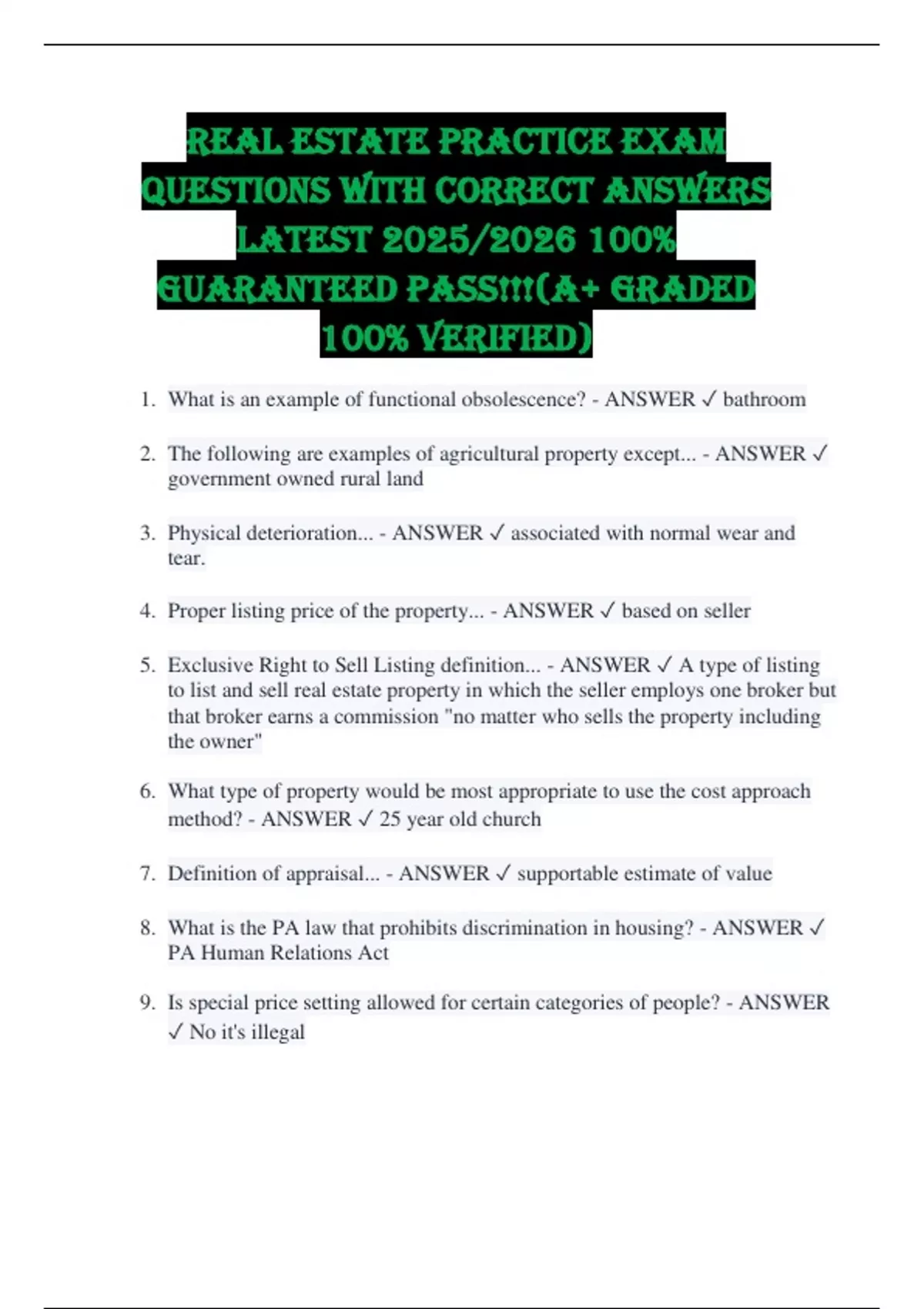 Real Estate Practice Exam Questions with Correct Answers Latest 2025/ ...