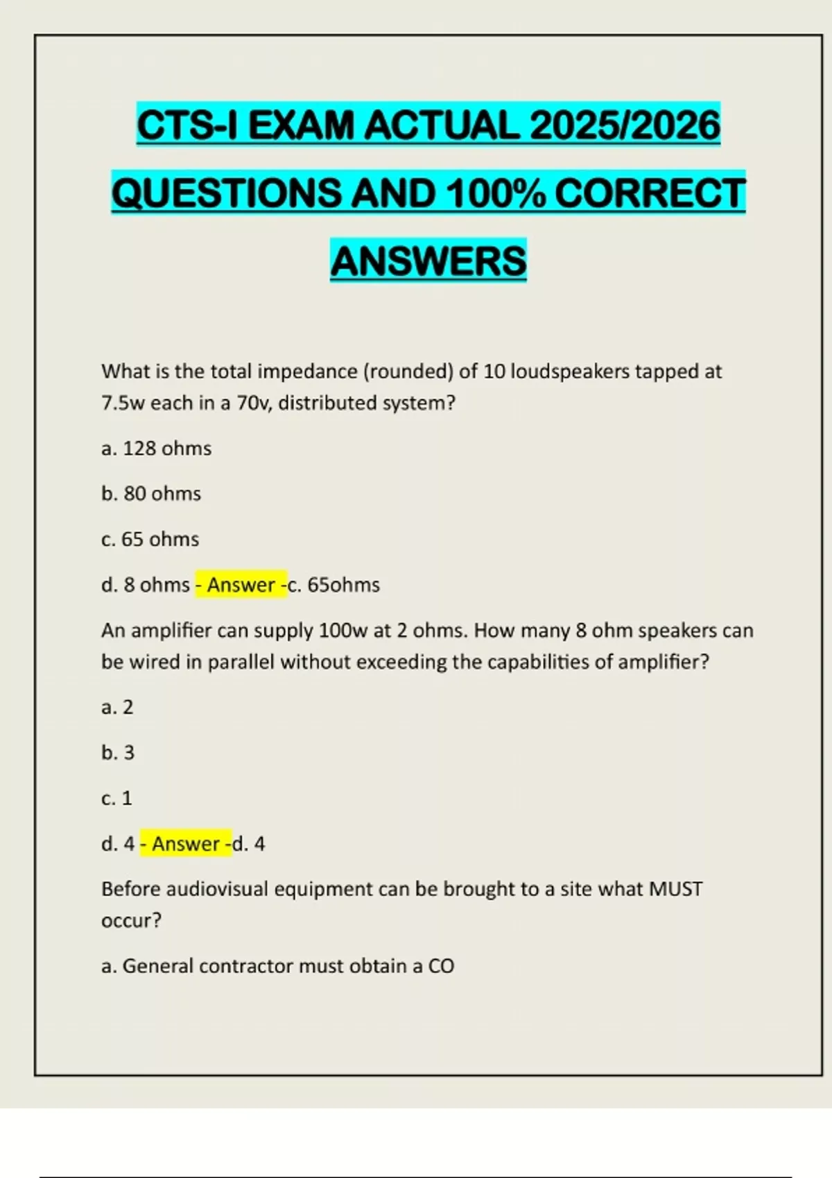 CTS-I EXAM ACTUAL 2025/2026 QUESTIONS AND 100% CORRECT ANSWERS - CTS-I ...