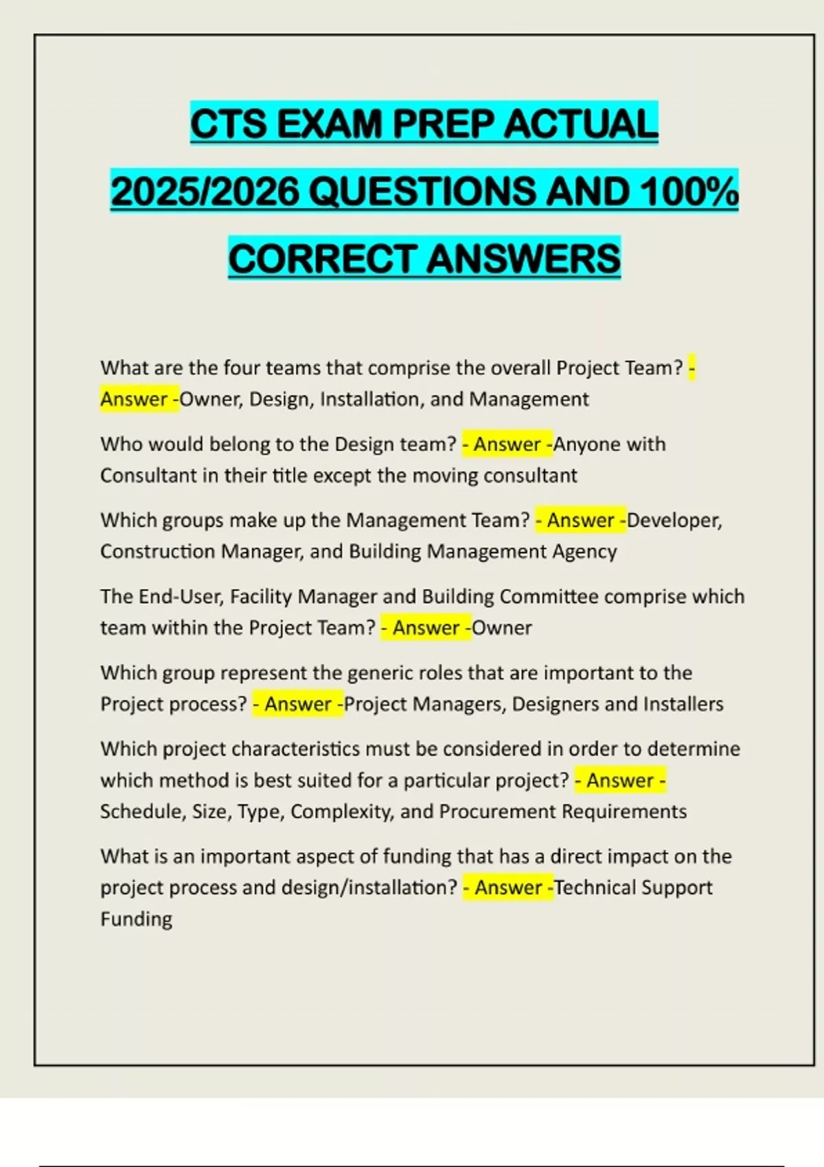 CTS EXAM PREP ACTUAL 2025/2026 QUESTIONS AND 100% CORRECT ANSWERS - CTS ...
