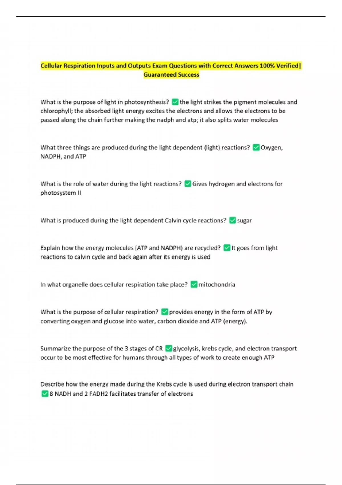 Cellular Respiration Inputs and Outputs Exam Questions with Correct ...