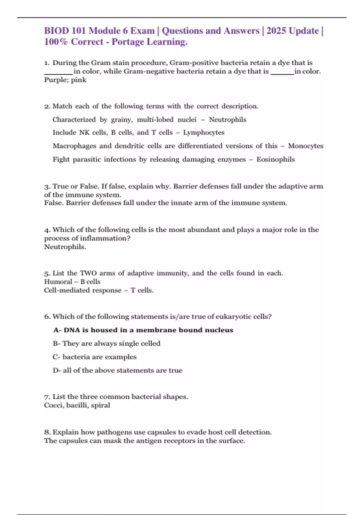 BIOD 101 Module 6 Exam | Questions and Answers | 2025 Update | 100% ...