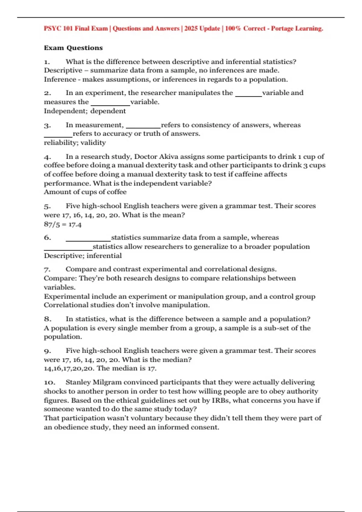 PSYC 101 Final Exam | Questions and Answers | 2025 Update | 100% ...