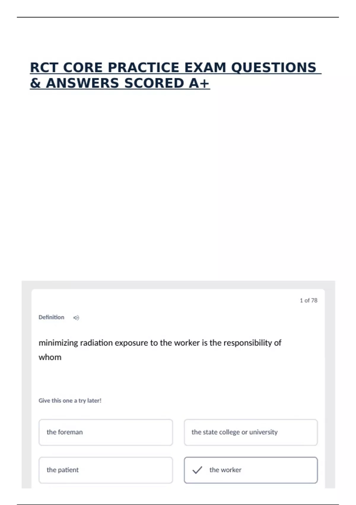RCT CORE PRACTICE EXAM QUESTIONS & ANSWERS SCORED A+ - RCT CORE - Stuvia US