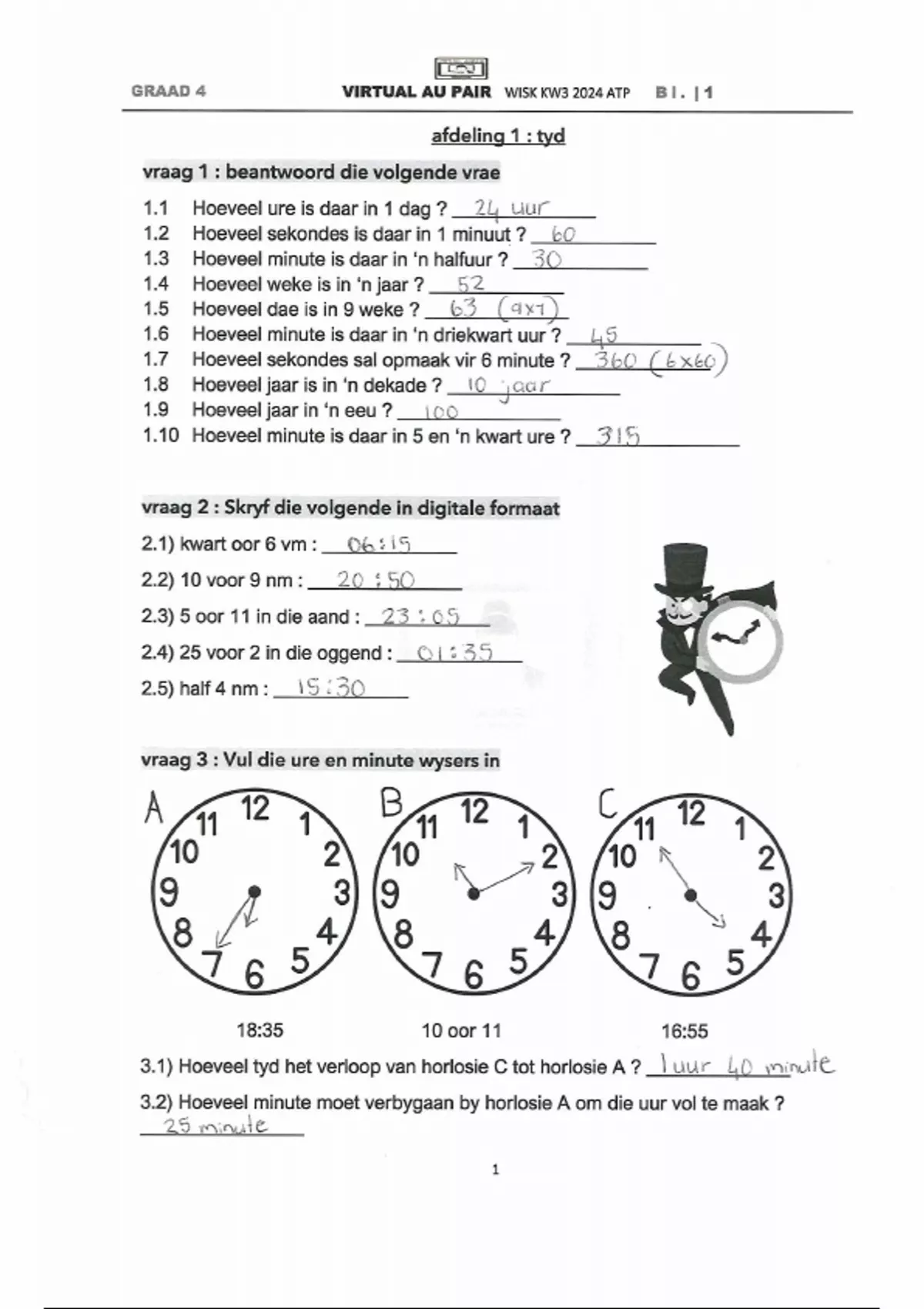 Grade 4 Mathematics term 3 test and answer sheet all topics - Wiskunde ...