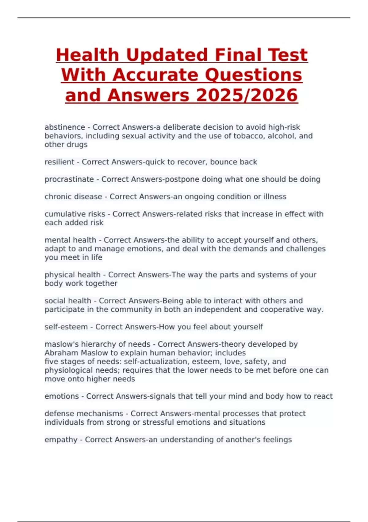 Updated Written Testing Health Updated Final Test 2025/2026 – Accurate Questions and Answers ...