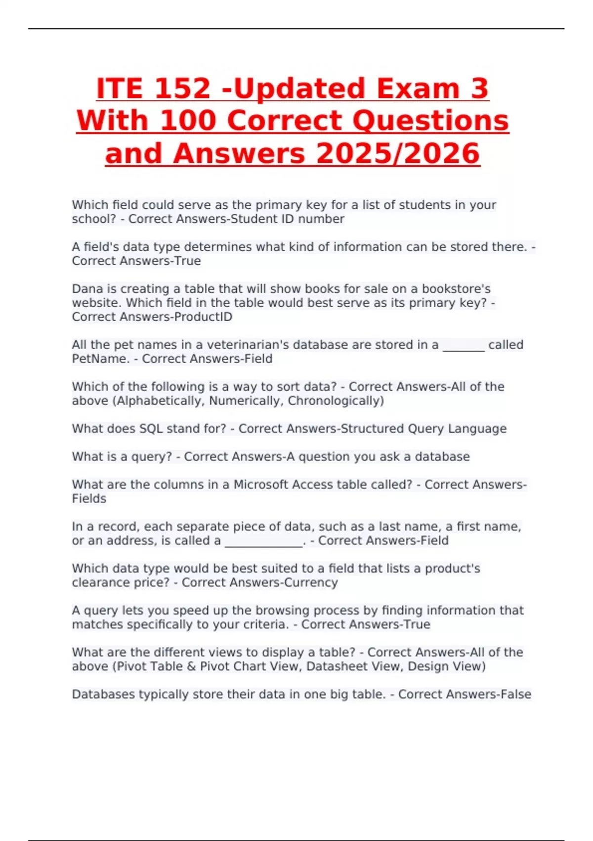 Ite Bridging Math Module Question ITE 152 Updated Exam 3 2025/2026 – 100 Correct Questions and Answers ...