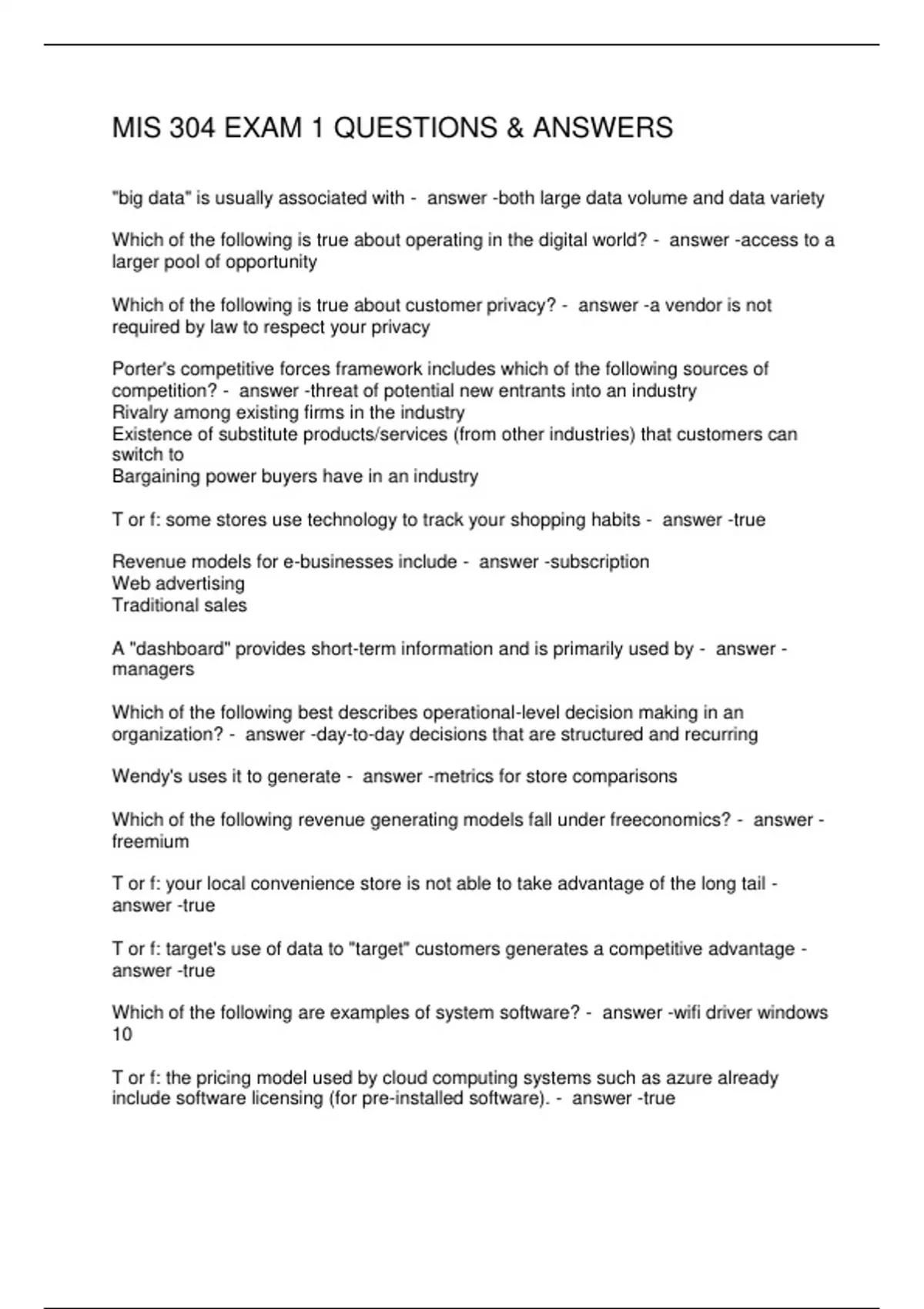 MIS 304 EXAM 1 QUESTIONS & ANSWERS - MIS 304 - Stuvia US