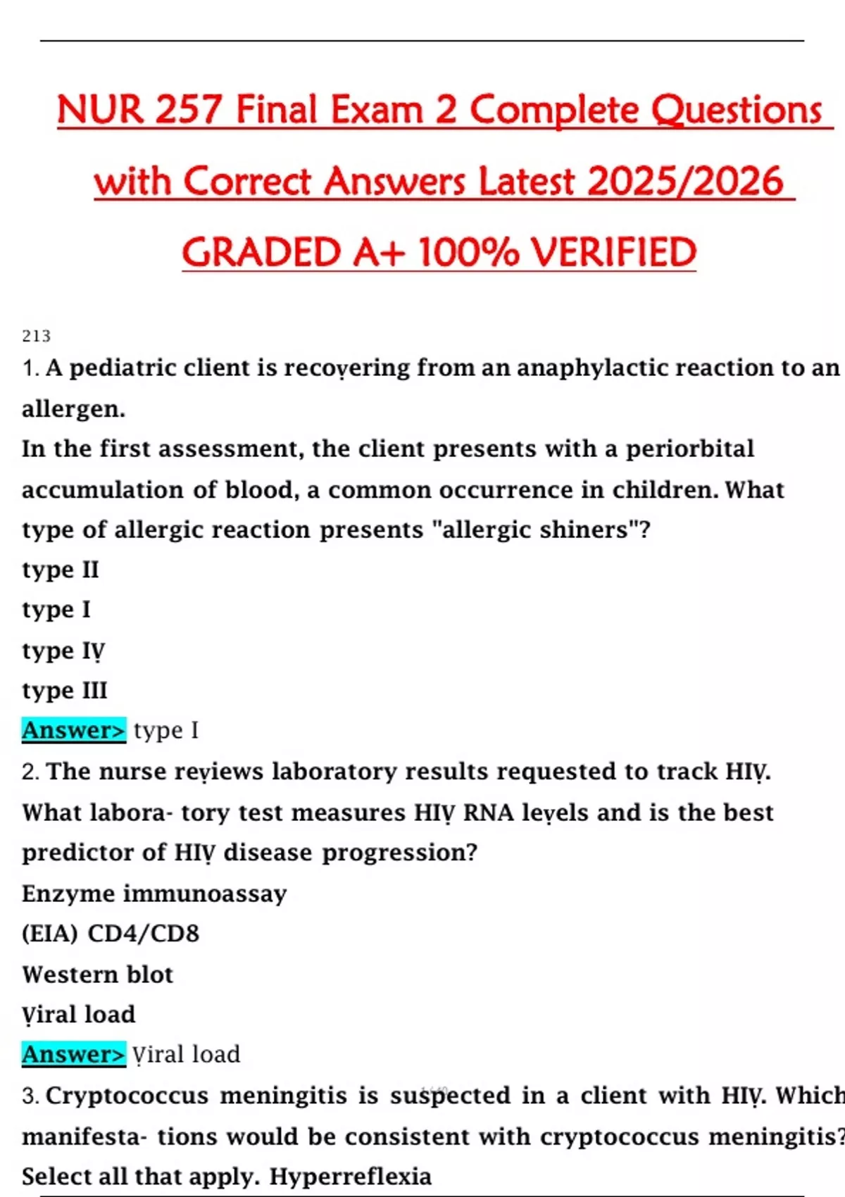 Solution 257 Exam 1: NUR257/ NUR 257 (New 2025/ 2026 Updates BUNDLED TOGETHER WITH ...