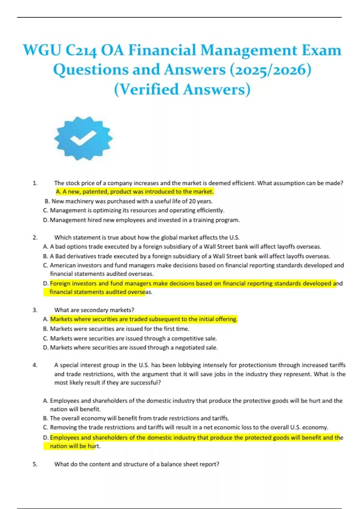 WGU C214 OA Financial Management Exam Questions and Verified Answers ...