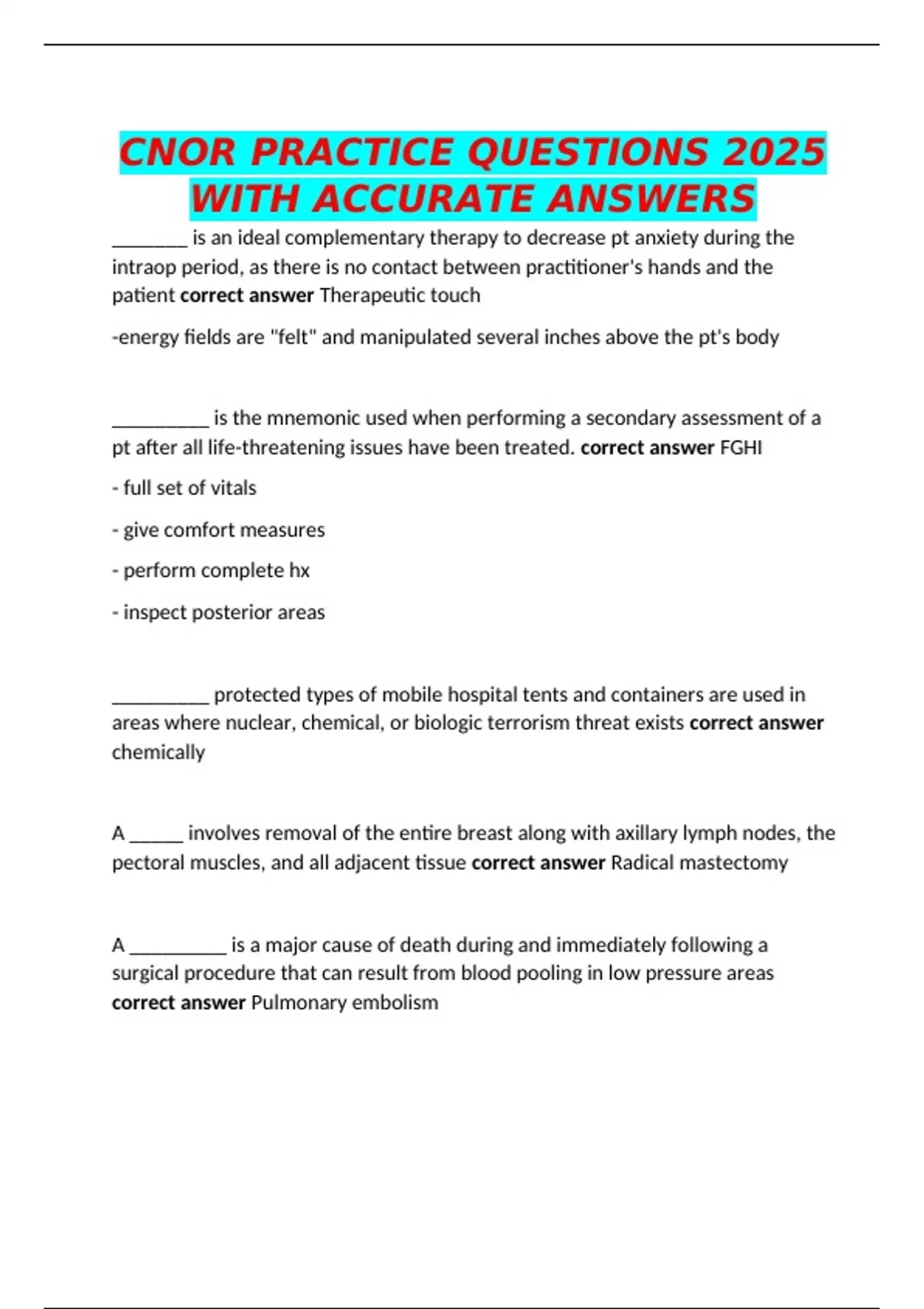 CNOR PRACTICE QUESTIONS 2025 WITH ACCURATE ANSWERS - Cnor - Stuvia US
