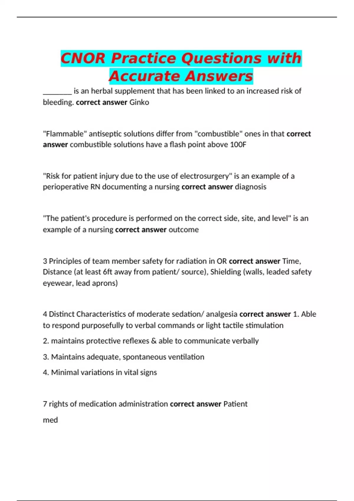 CNOR Practice Questions with Accurate Answers - Cnor - Stuvia US