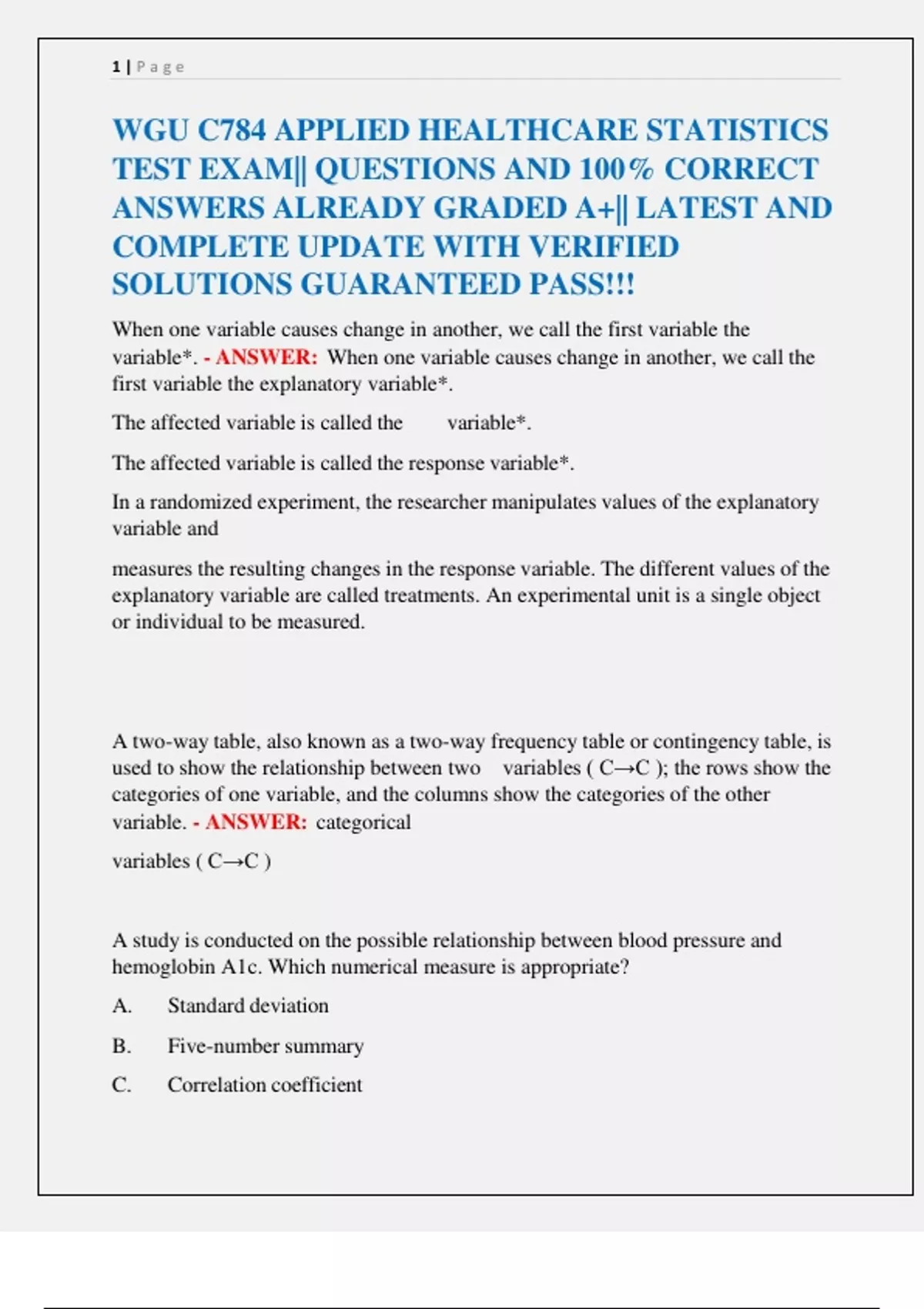 WGU C784 Applied Healthcare Statistics Exam | 100% Correct Questions ...