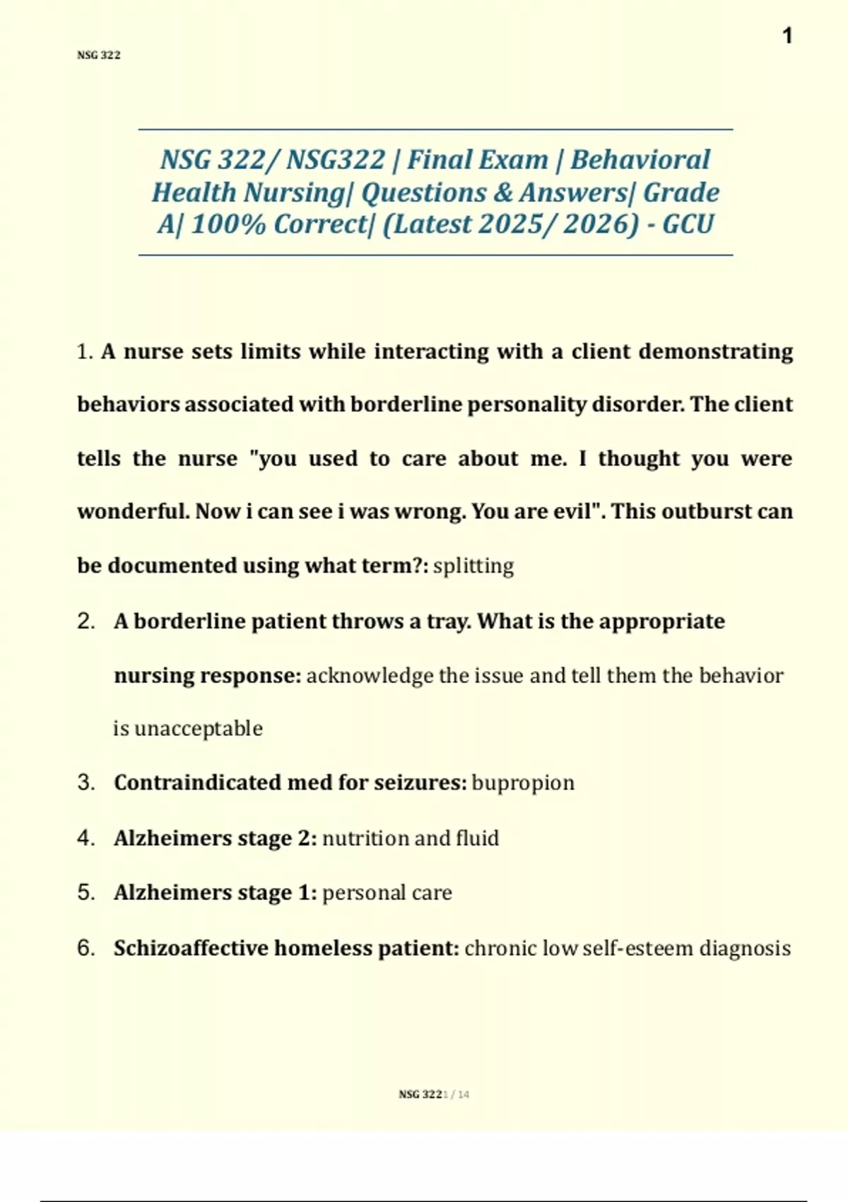 NSG 322 – Behavioral Health Nursing (GCU) – Final Exam Questions ...