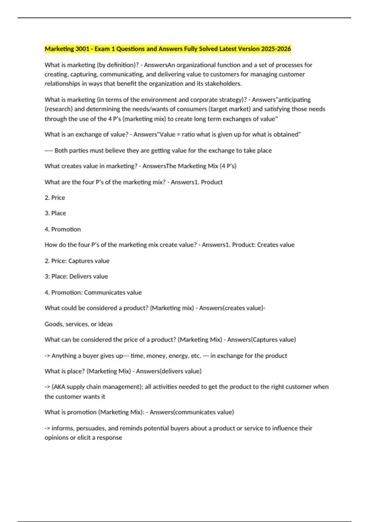 Marketing 3001 - Exam 1 Questions and Answers Fully Solved Latest ...