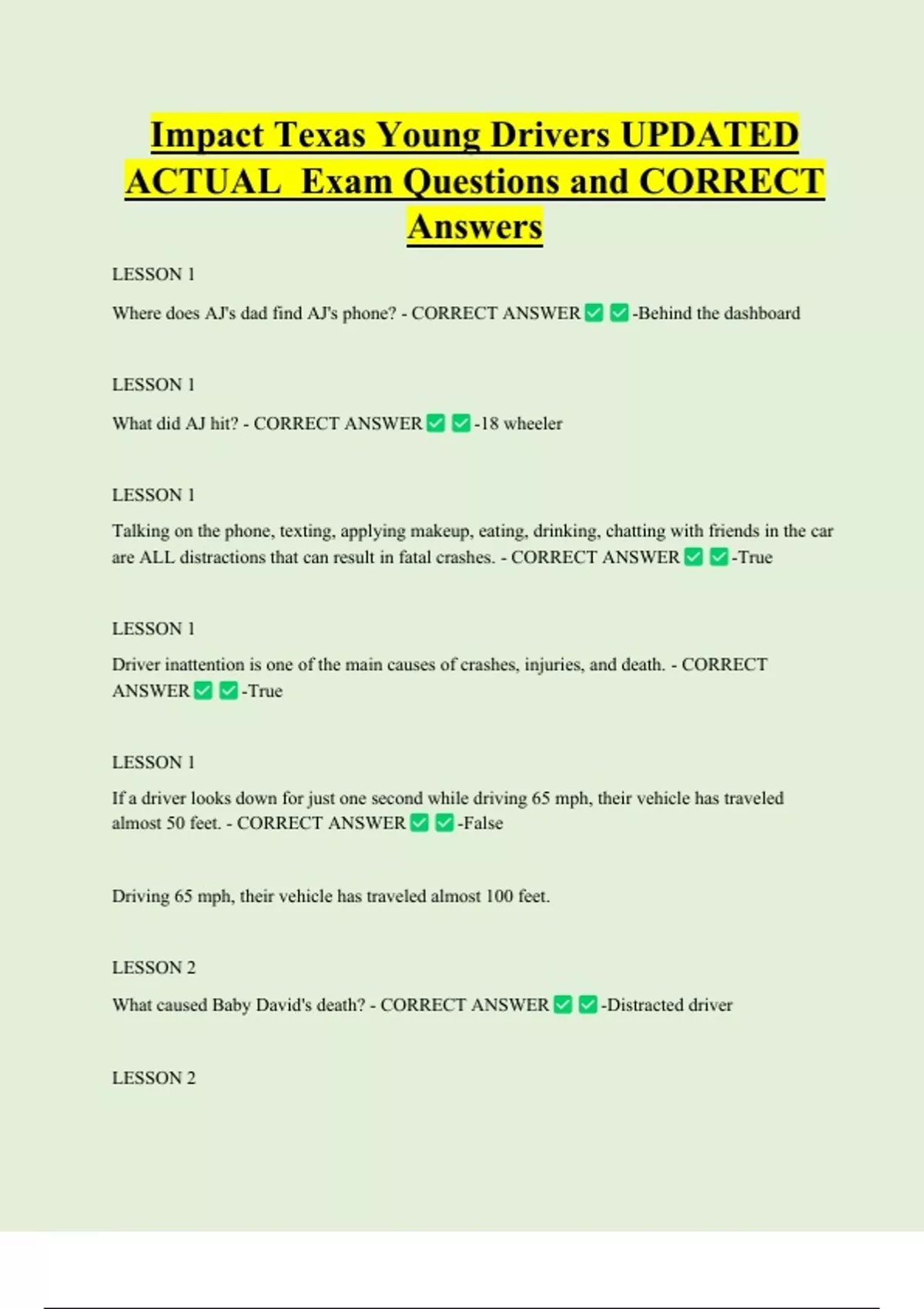 Impact Texas Young Drivers UPDATED ACTUAL Exam Questions and CORRECT
