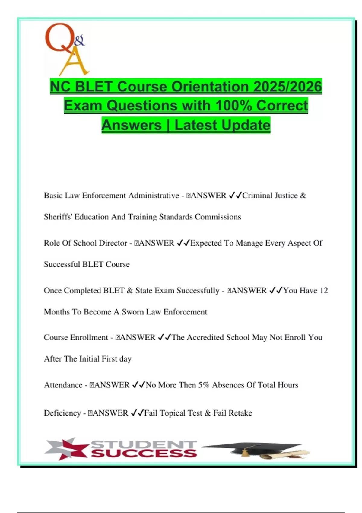 NC BLET Course Orientation Exam (2025/2026) | 20 Verified Questions ...