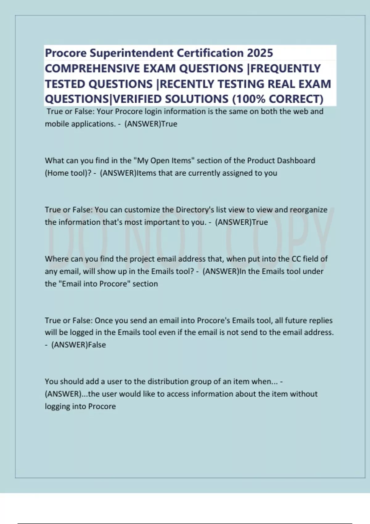 Procore Superintendent Certification 2025 COMPREHENSIVE EXAM QUESTIONS ...