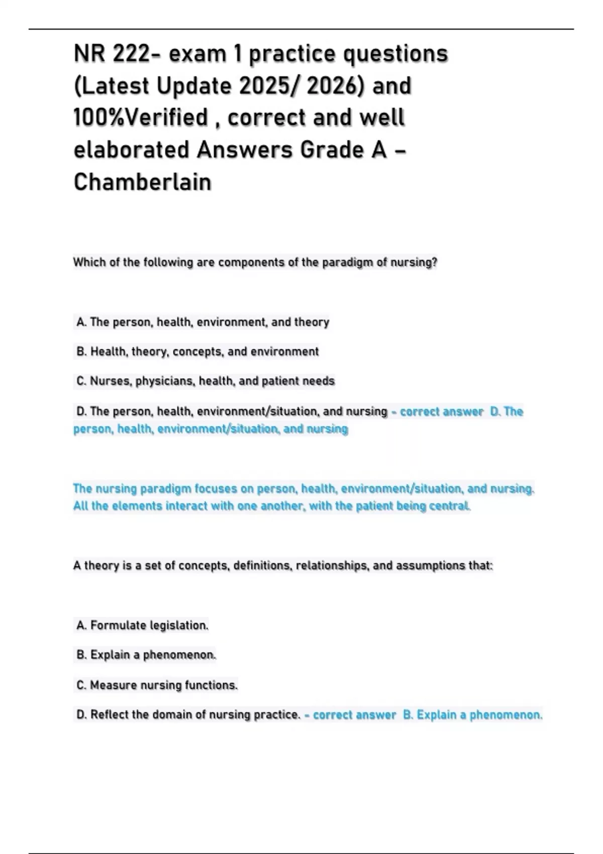 NR 222- exam 1 practice questions (Latest Update 2025/ 2026) and 100 ...