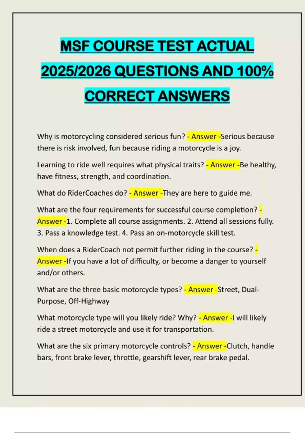 MSF COURSE TEST ACTUAL 2025/2026 QUESTIONS AND 100% CORRECT ANSWERS ...