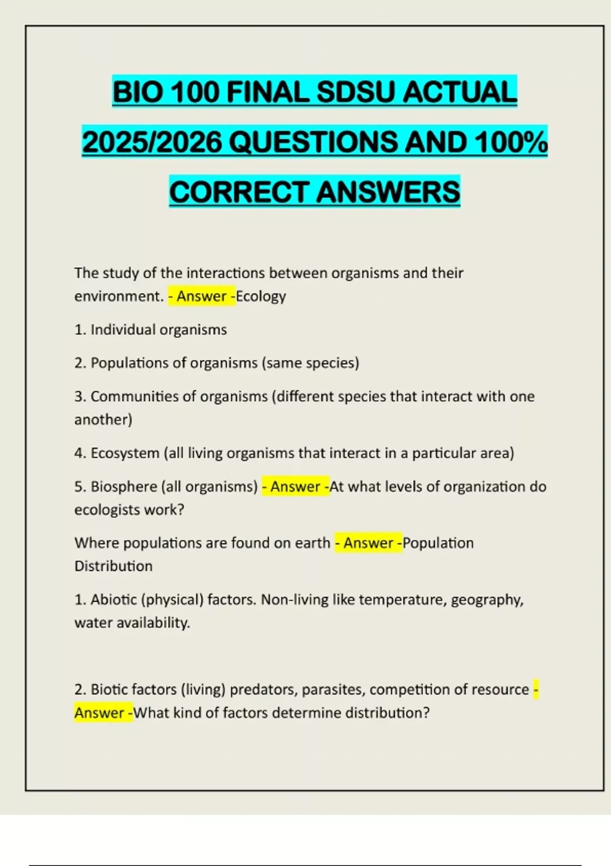 BIO 100 FINAL SDSU ACTUAL 2025/2026 QUESTIONS AND 100% CORRECT ANSWERS ...