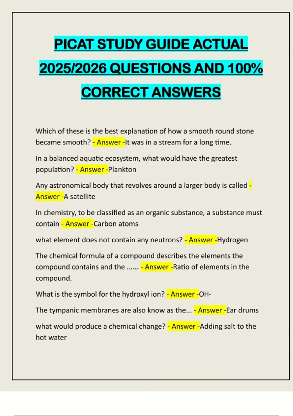 Picat Study Guide PICAT STUDY GUIDE ACTUAL 2025/2026 QUESTIONS AND 100% CORRECT ANSWERS ...