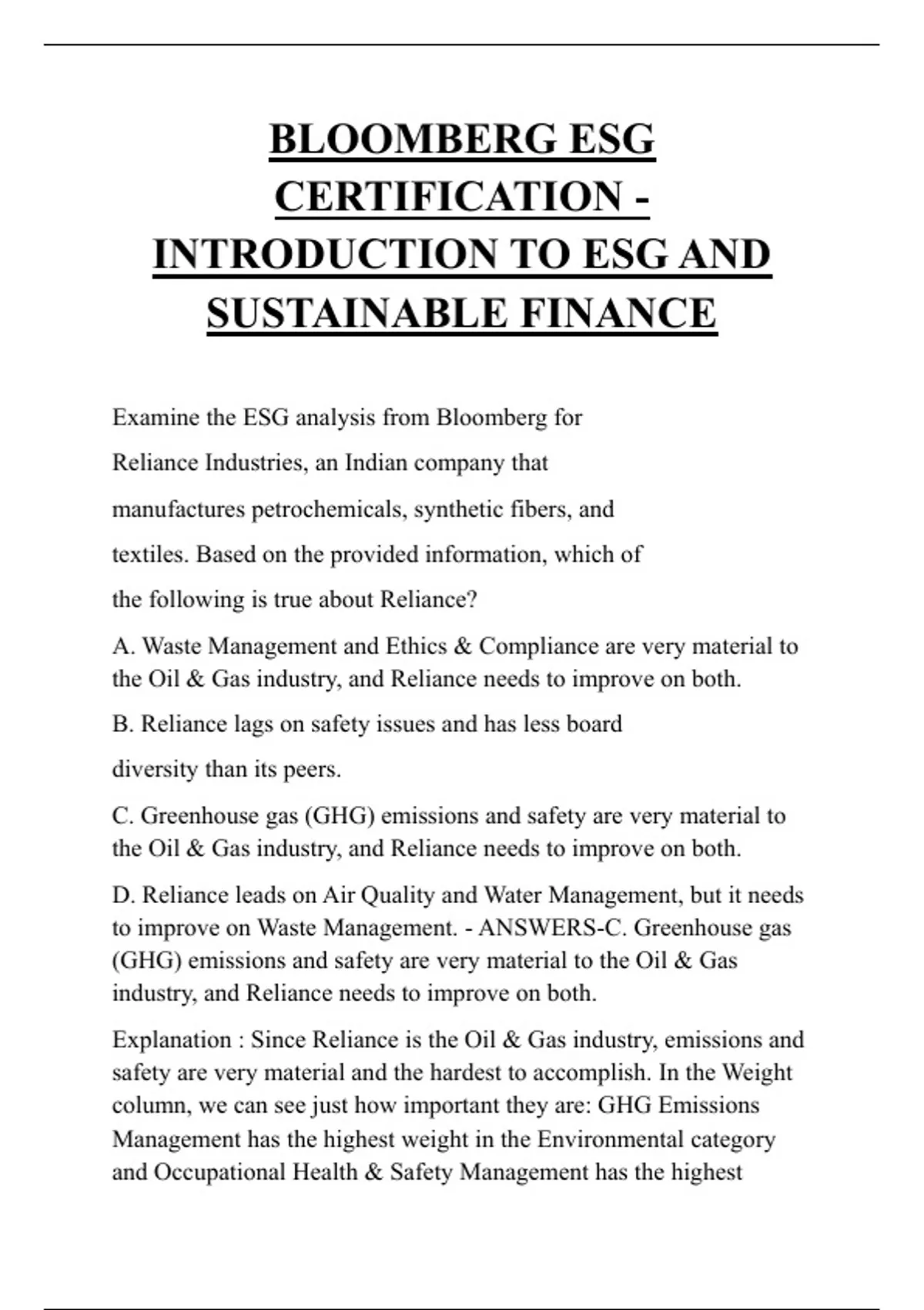 BLOOMBERG ESG CERTIFICATION - INTRODUCTION TO ESG AND SUSTAINABLE ...