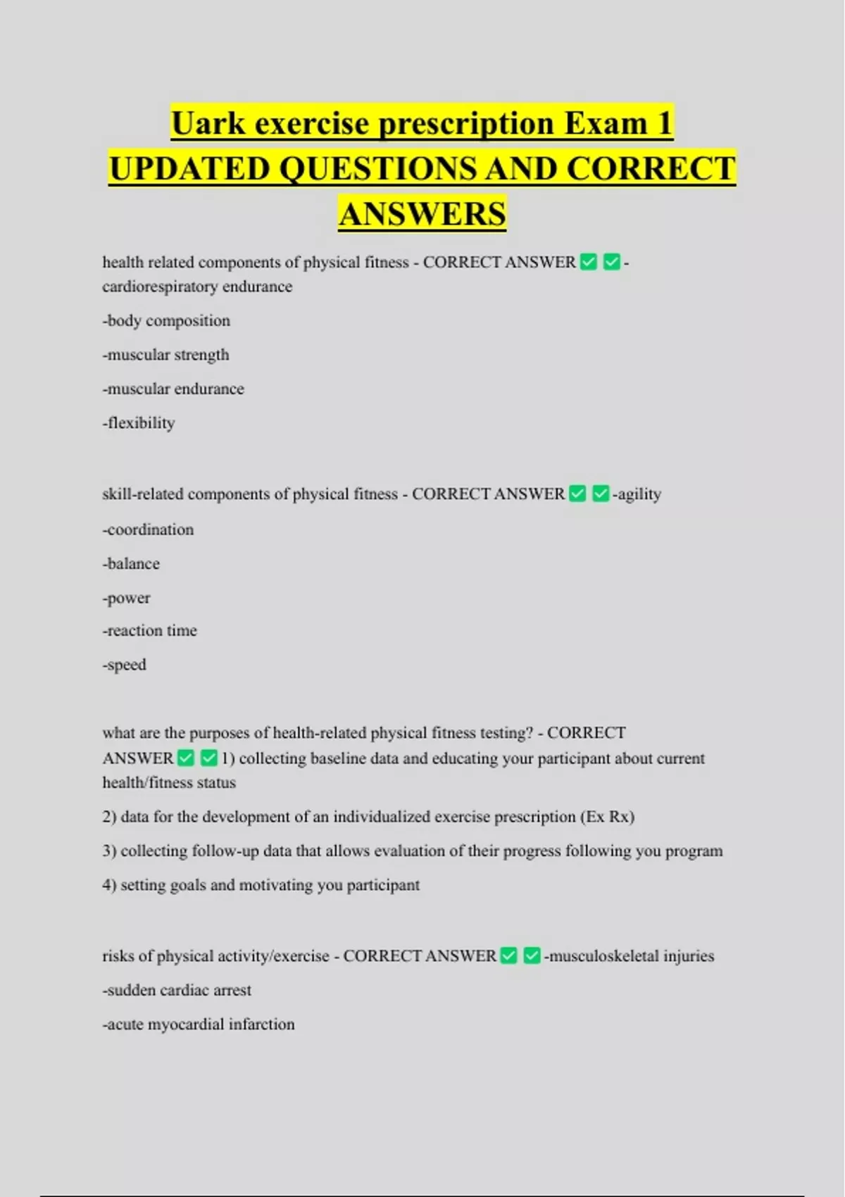 Uark exercise prescription Exam 1 UPDATED QUESTIONS AND CORRECT ANSWERS ...