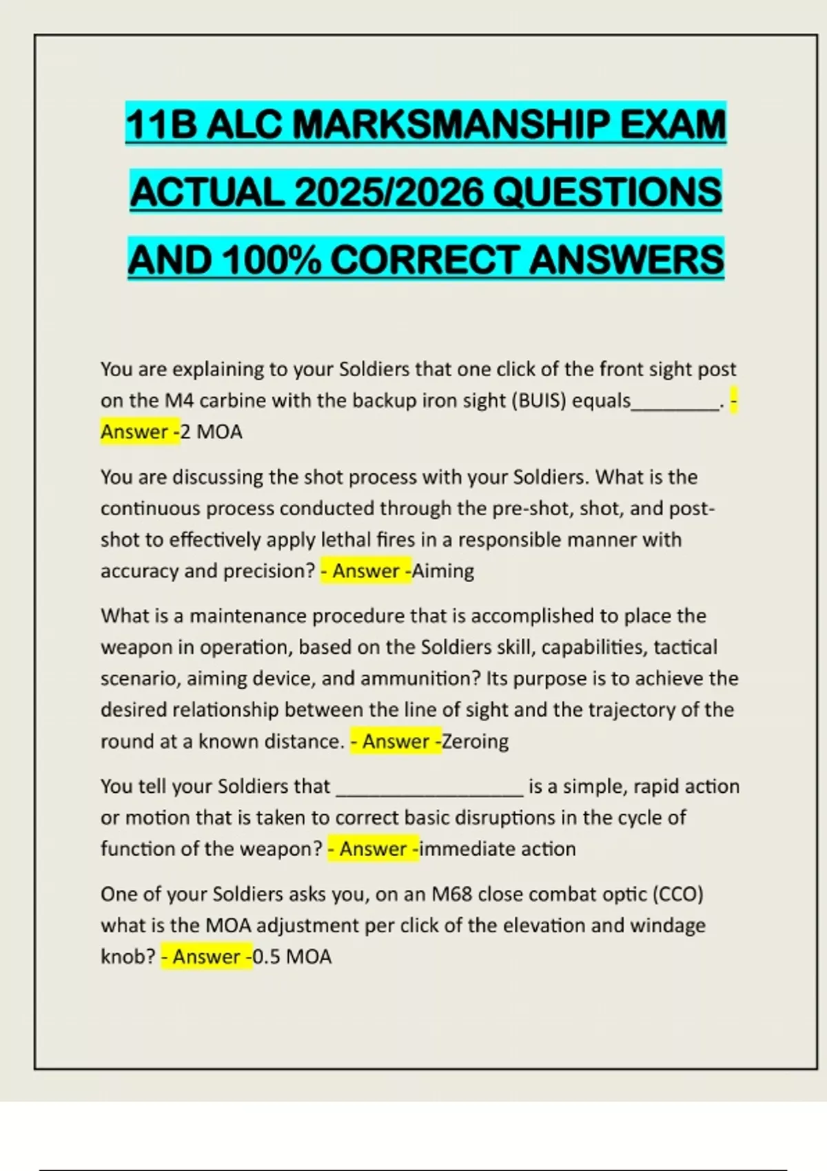 11B ALC MARKSMANSHIP EXAM ACTUAL 2025/2026 QUESTIONS AND 100% CORRECT ...