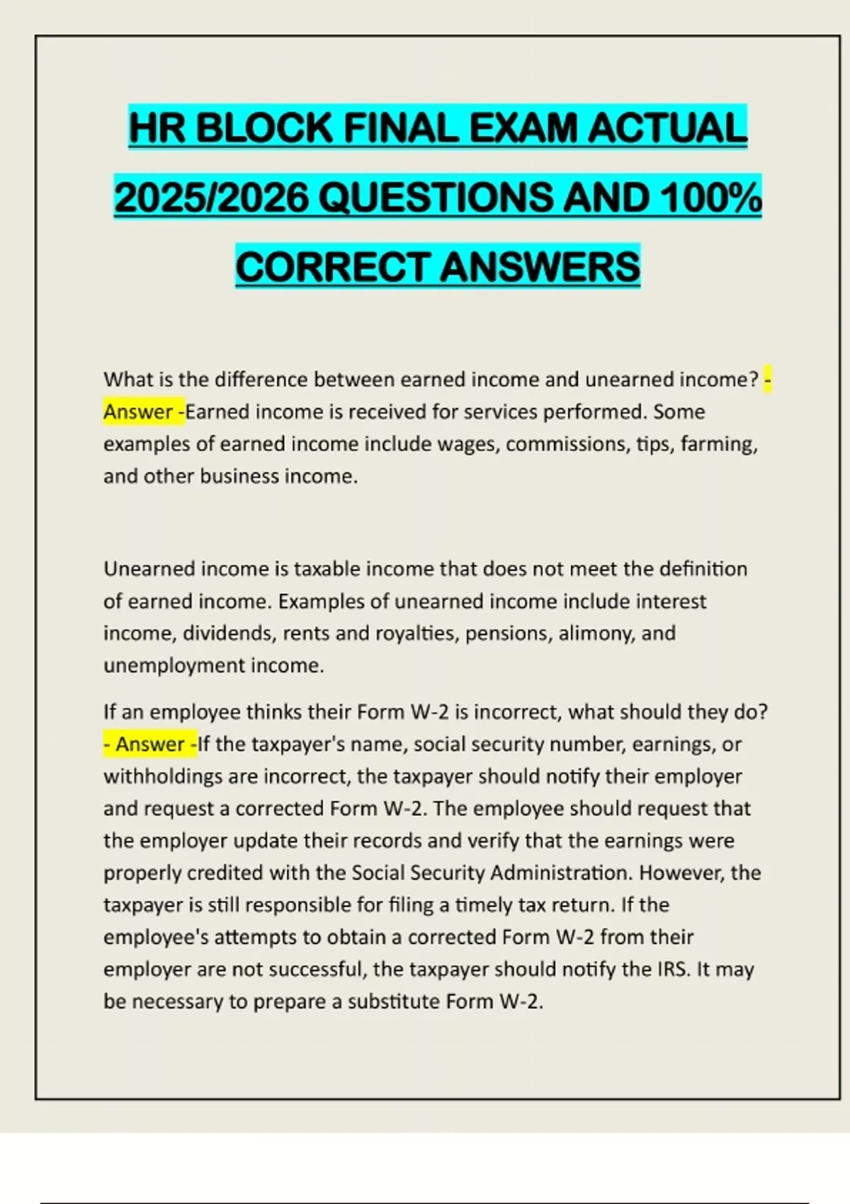 HR BLOCK FINAL EXAM ACTUAL 2025/2026 QUESTIONS AND 100% CORRECT ANSWERS ...