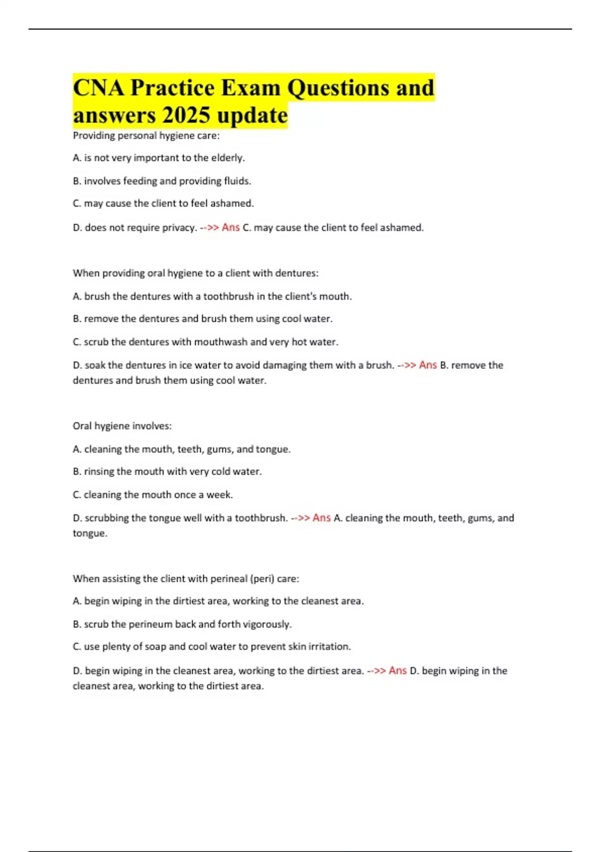 CNA Practice Exam Questions and answers 2025 update - Cna - Stuvia US