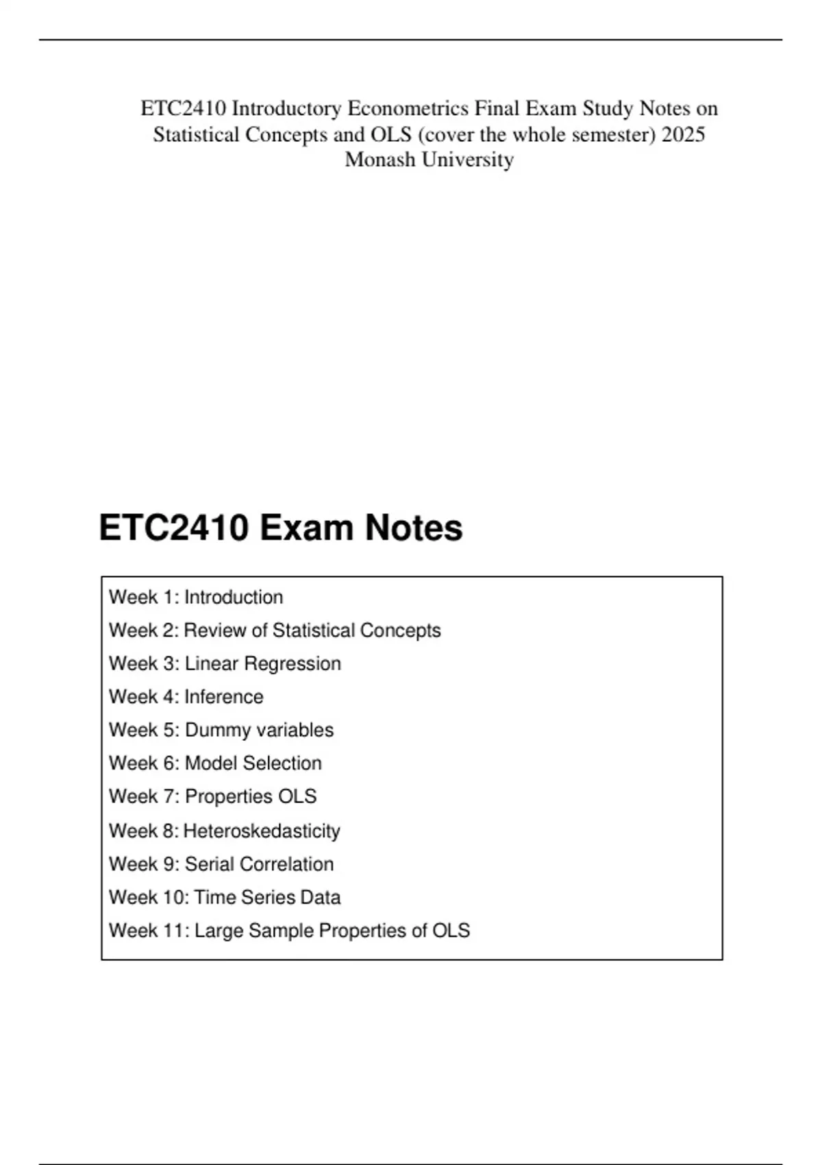 ETC2410 Introductory Econometrics Final Exam Study Notes on Statistical ...