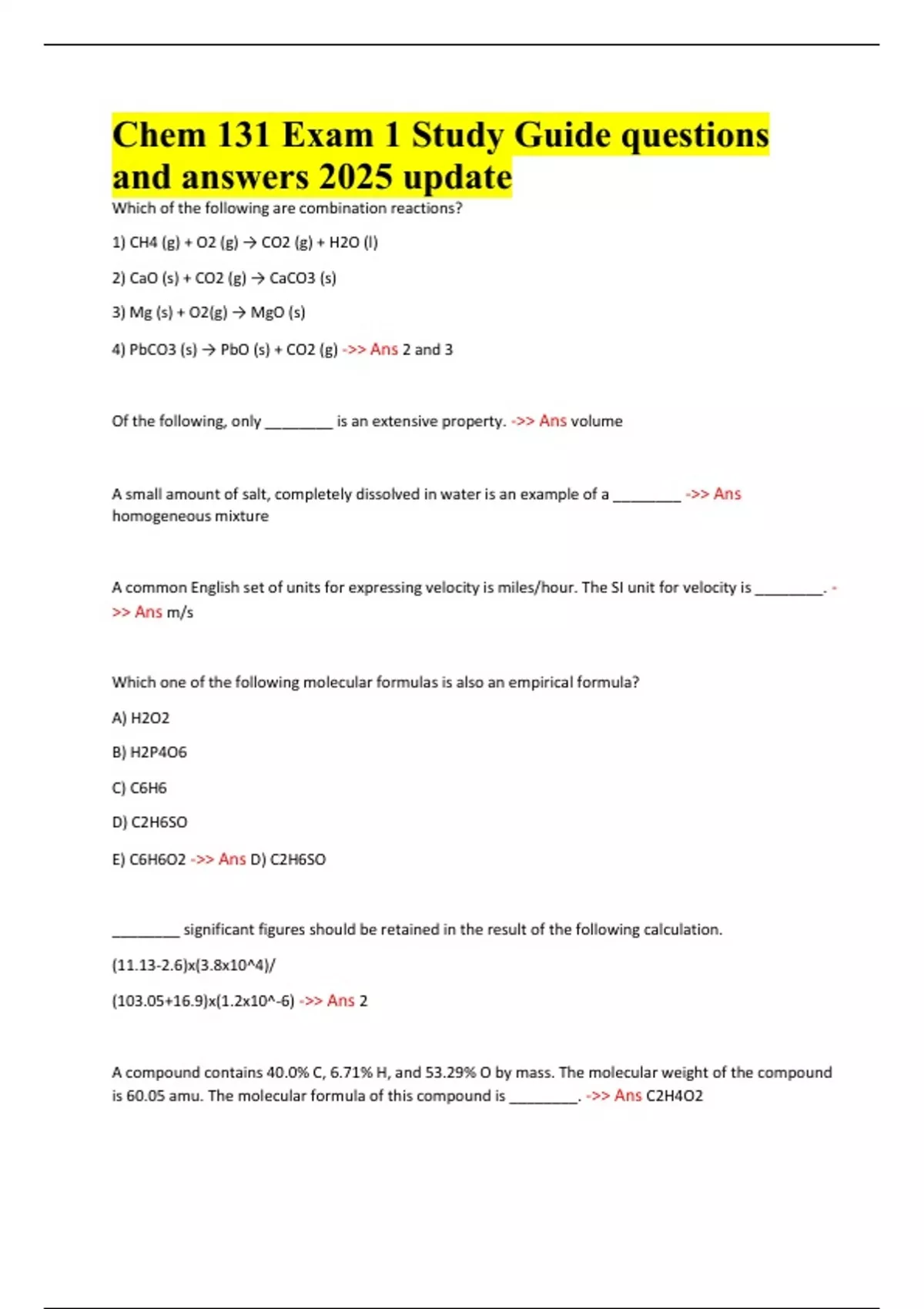 Chem 131 Exam 1 Study Guide questions and answers 2025 update - Chem ...